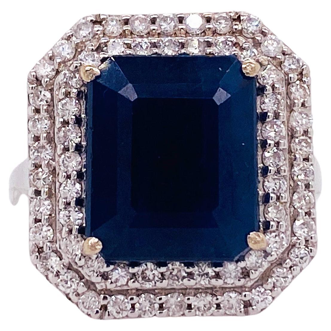 For Sale:  5 Carats Sapphire Double Halo Ring, Diamonds in 14KWG, Engagement Right Hand LV