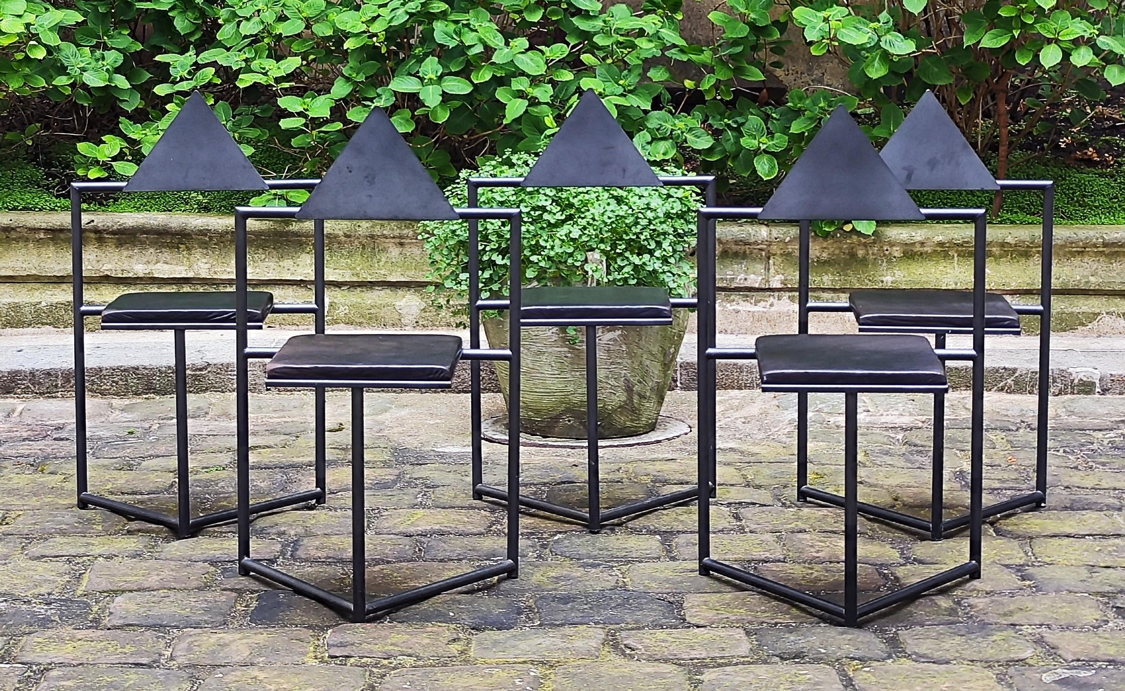 Post-Modern 5 Chairs, 1980s steel and leather that might be by Mario Botta or Martin Szekely For Sale