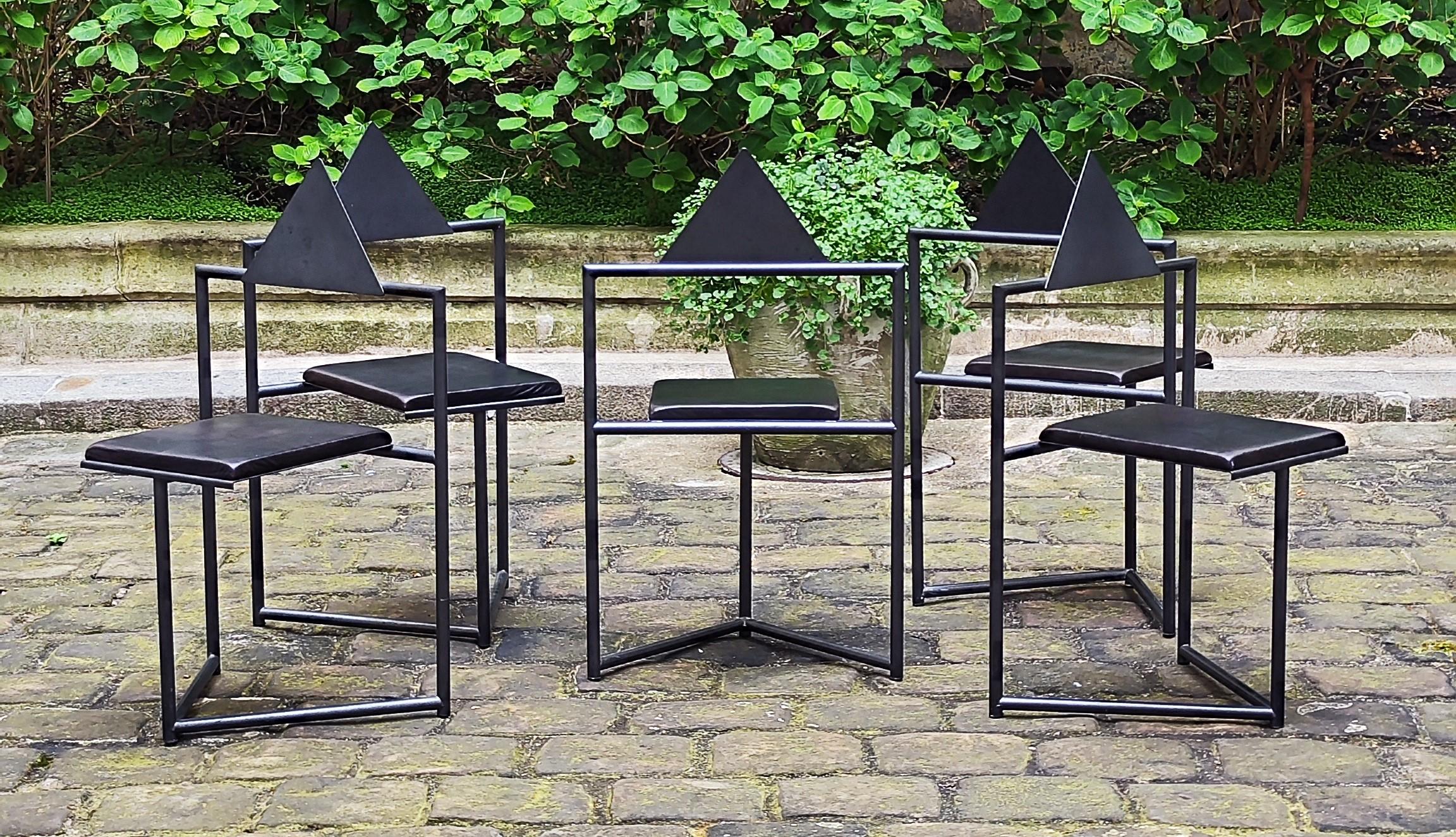 European 5 Chairs, 1980s steel and leather that might be by Mario Botta or Martin Szekely For Sale