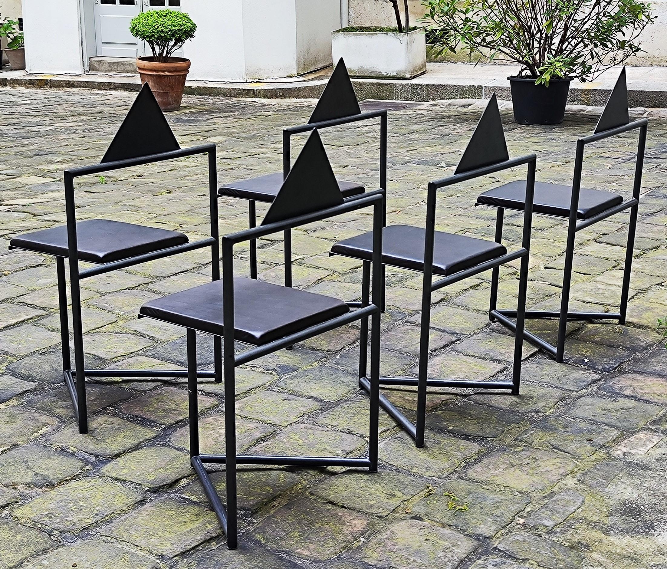 Late 20th Century 5 Chairs, 1980s steel and leather that might be by Mario Botta or Martin Szekely For Sale