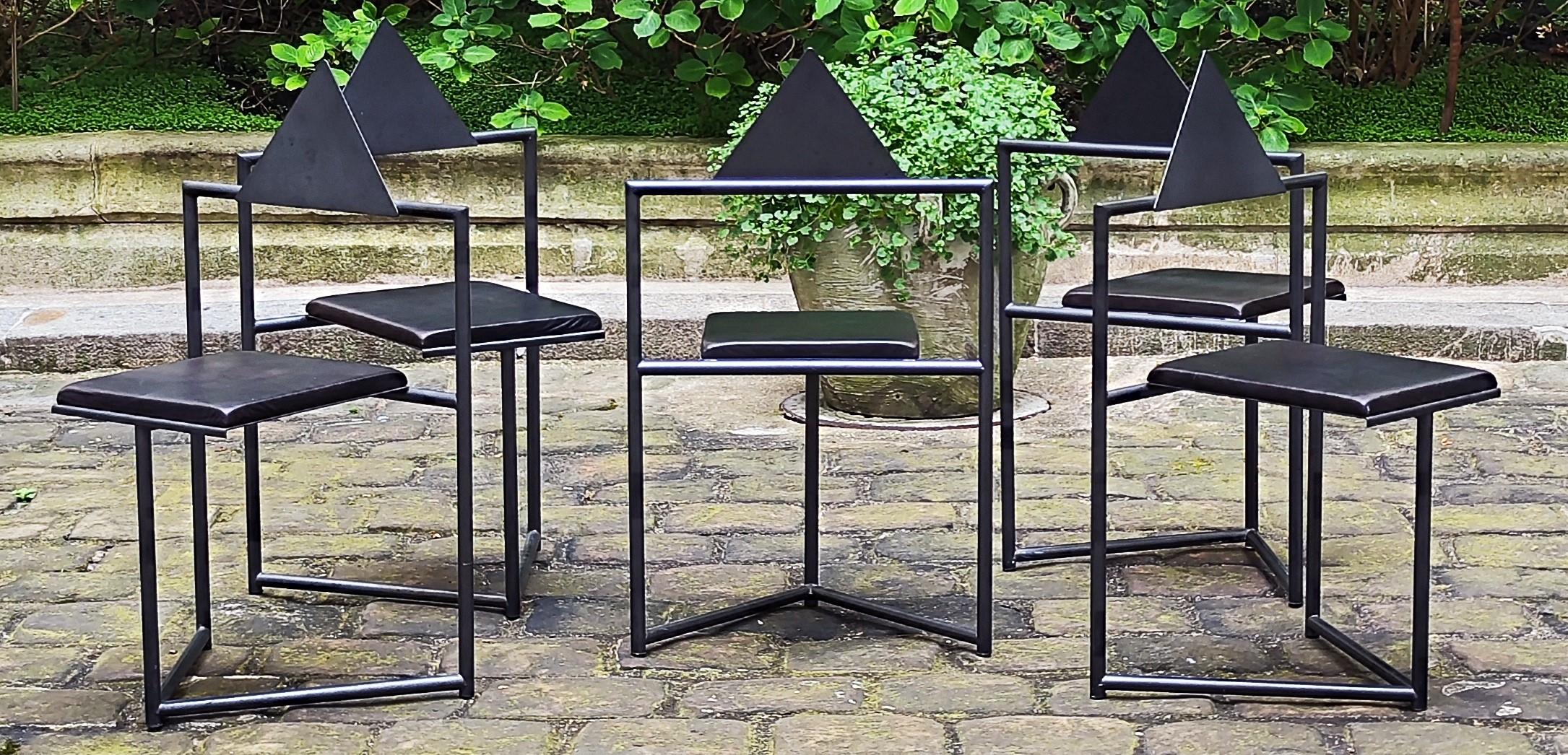 5 Chairs, 1980s steel and leather that might be by Mario Botta or Martin Szekely For Sale 1