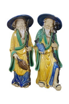 5 Chinese Shiwan Ceramic Polychrome Mudmen Figurines Statues 10"