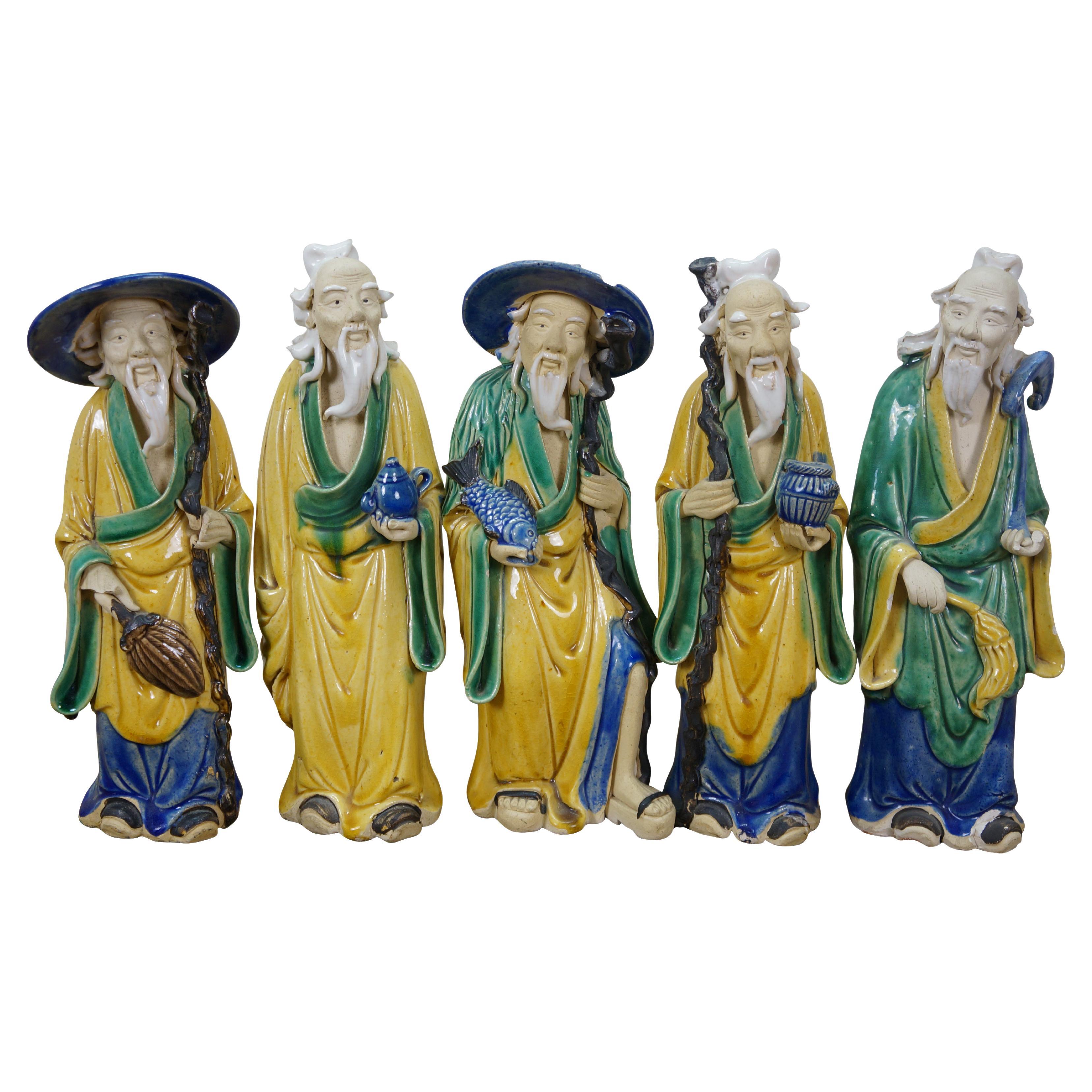 5 Chinese Shiwan Ceramic Polychrome Mudmen Figurines Statues 10"