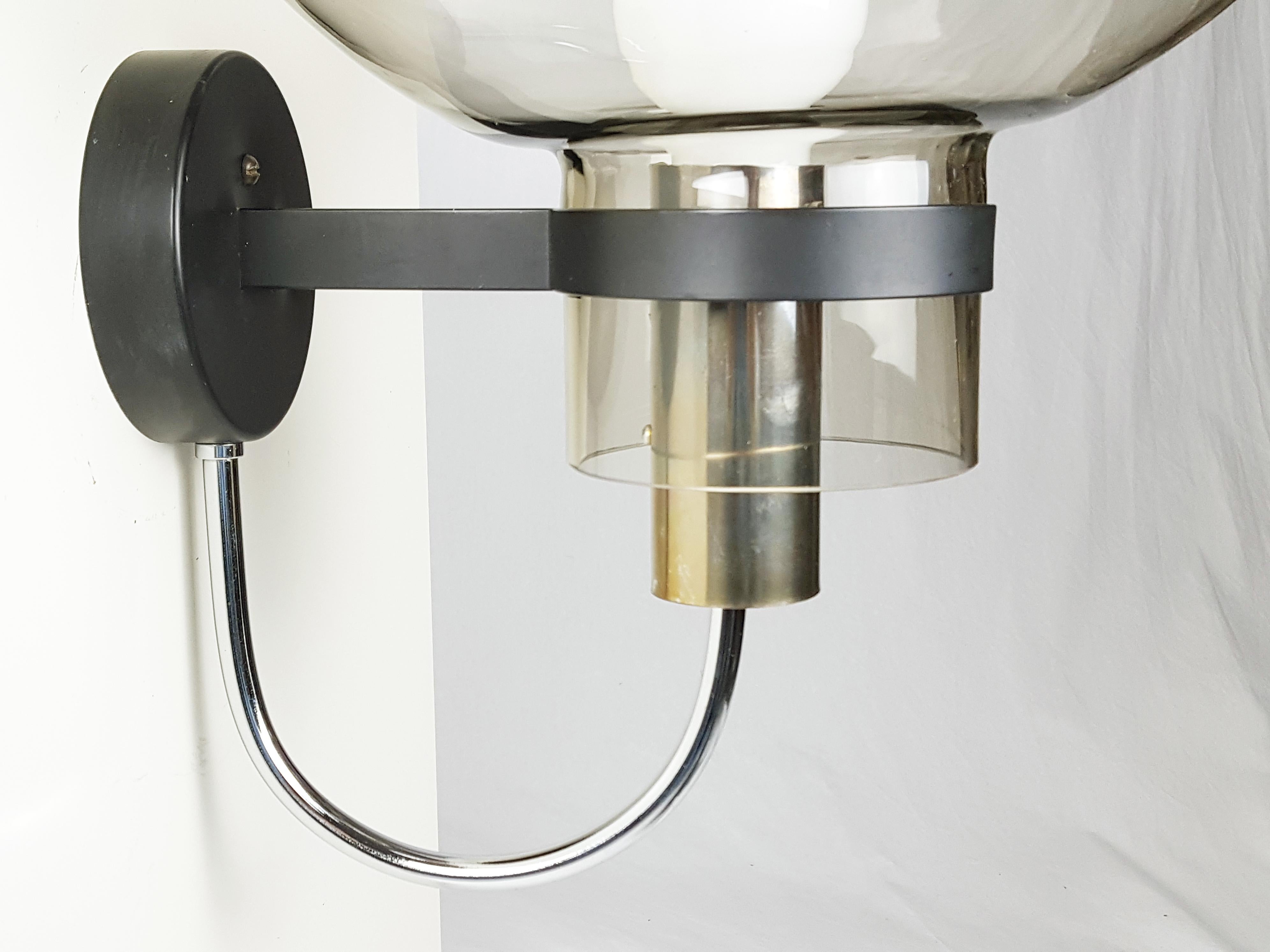 Italian 4 Chrome Plated Black Metal, Smoked Glass '70s Sconces Attributed to Arredoluce