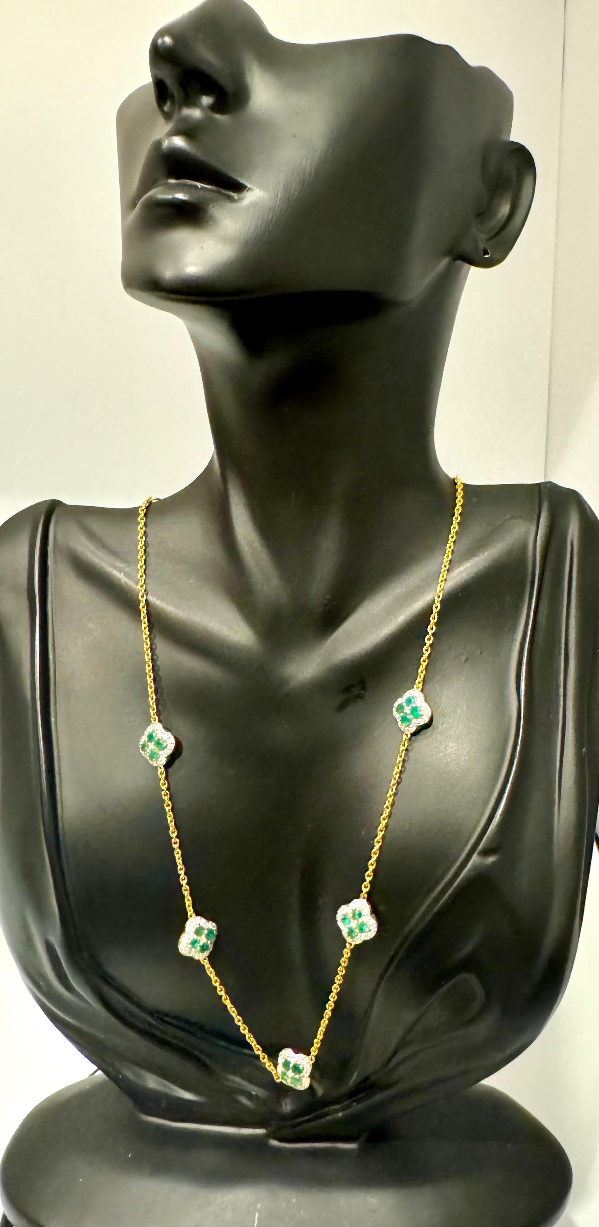 5 Clover Natural Emerald Cluster & Diamond Station Chain Necklace, 14 KYG, 17 Gm For Sale 5