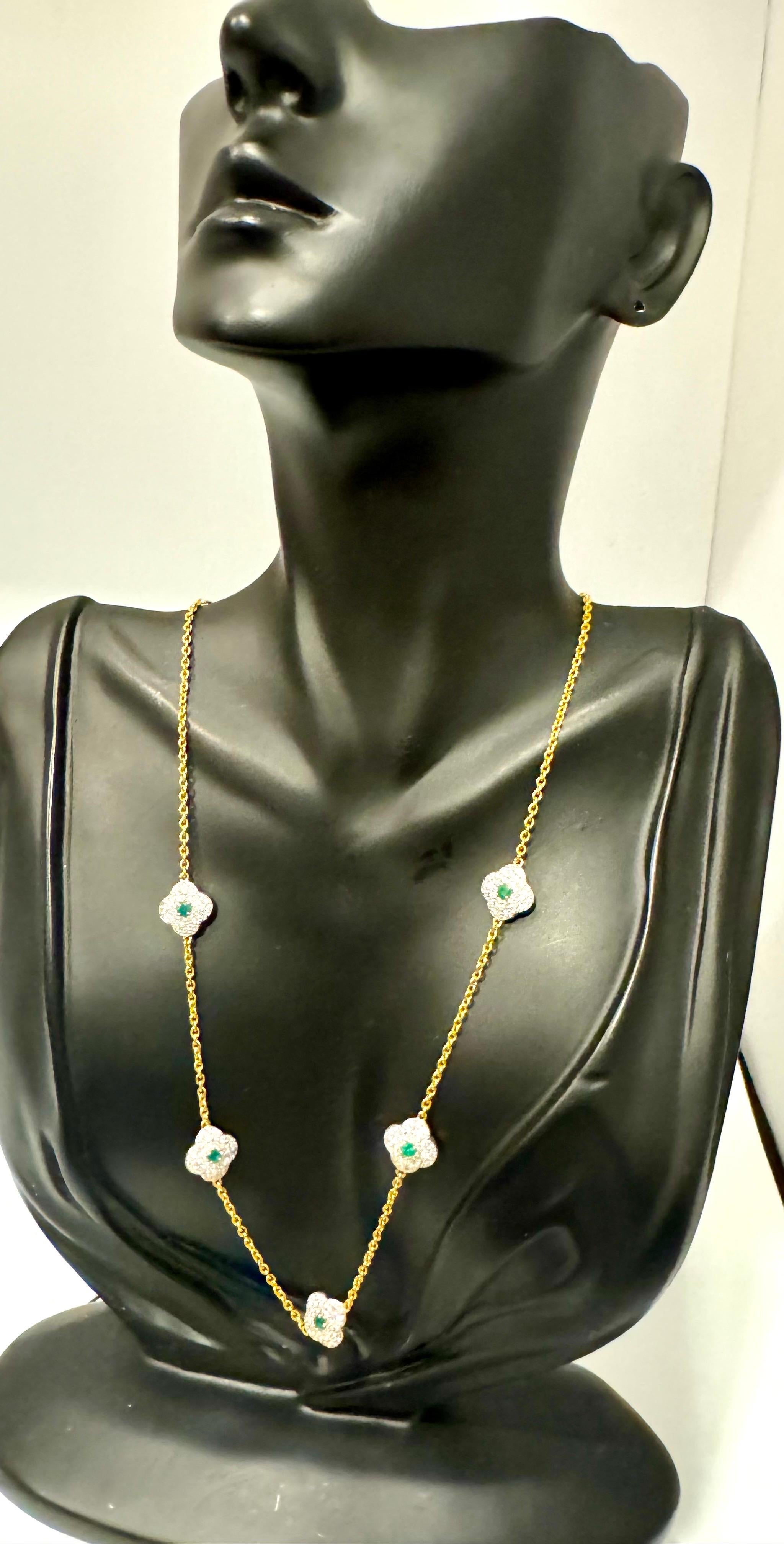 5 Clover Natural Emerald Cluster & Diamond Station Chain Necklace, 14 KYG, 17 Gm For Sale 6