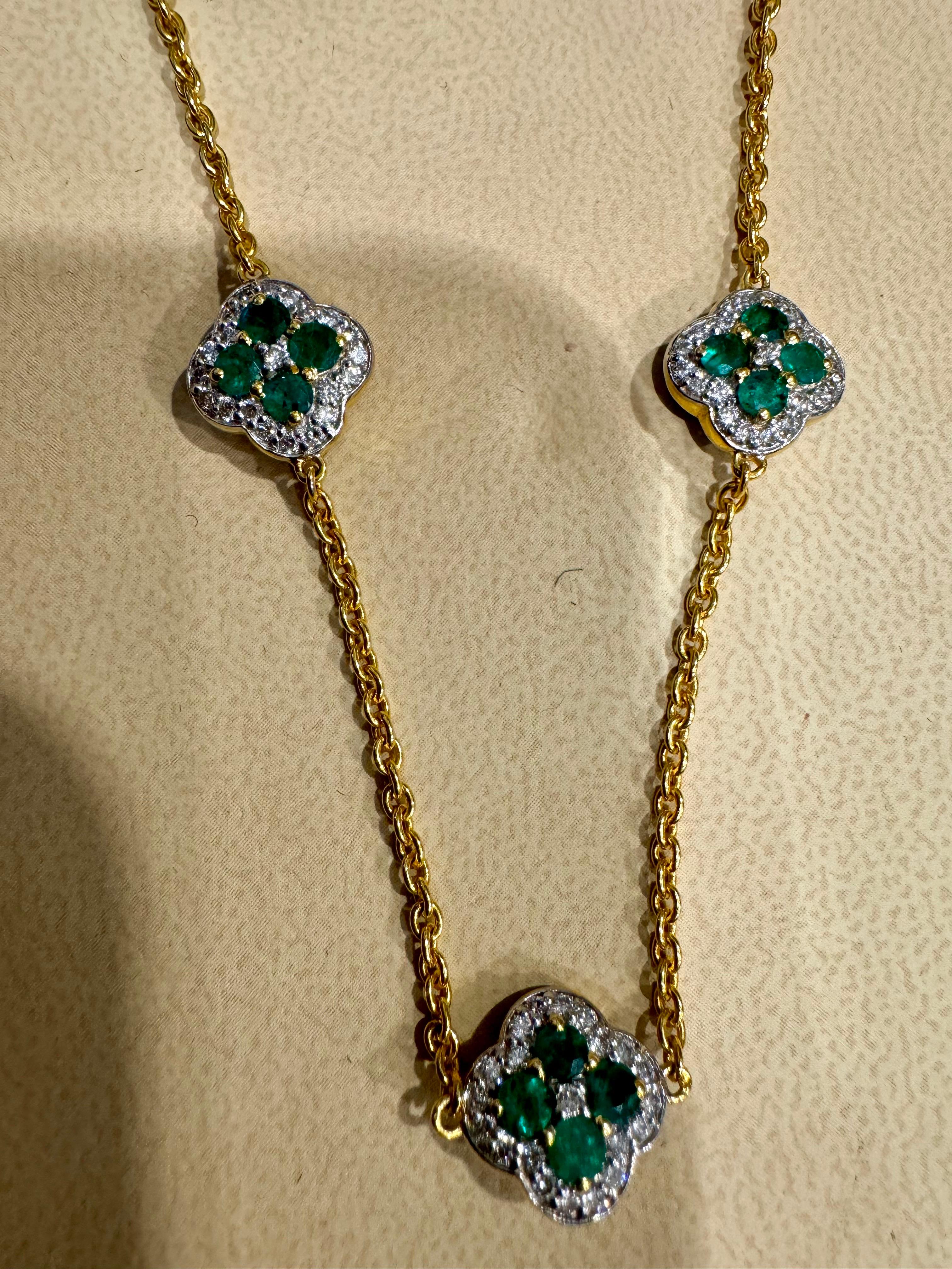 5 Clover Natural Emerald Cluster & Diamond Station Chain Necklace, 14 KYG, 17 Gm For Sale 7