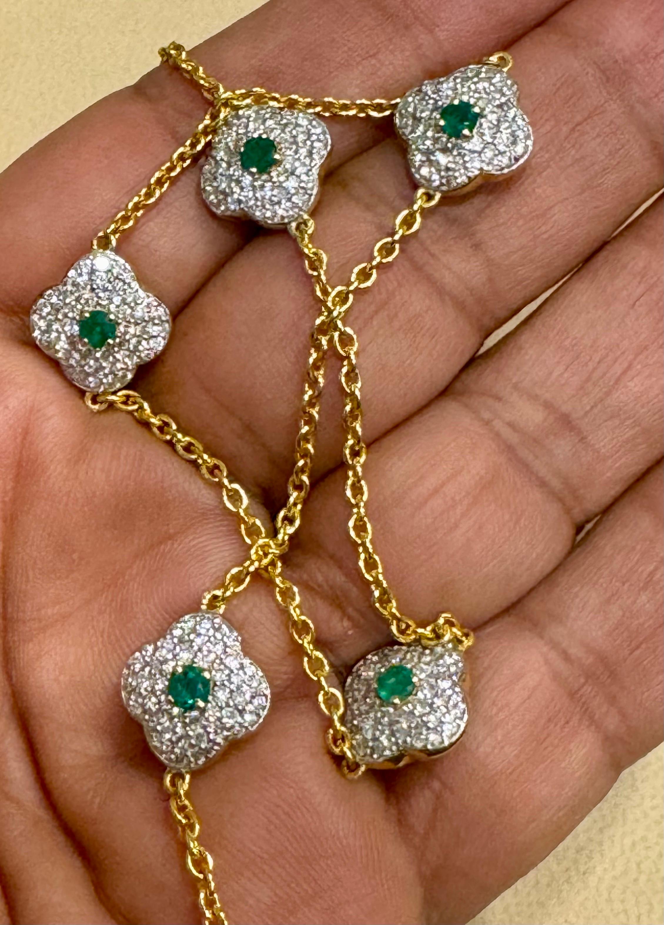 5 Clover Natural Emerald Cluster & Diamond Station Chain Necklace, 14 KYG, 17 Gm For Sale 8