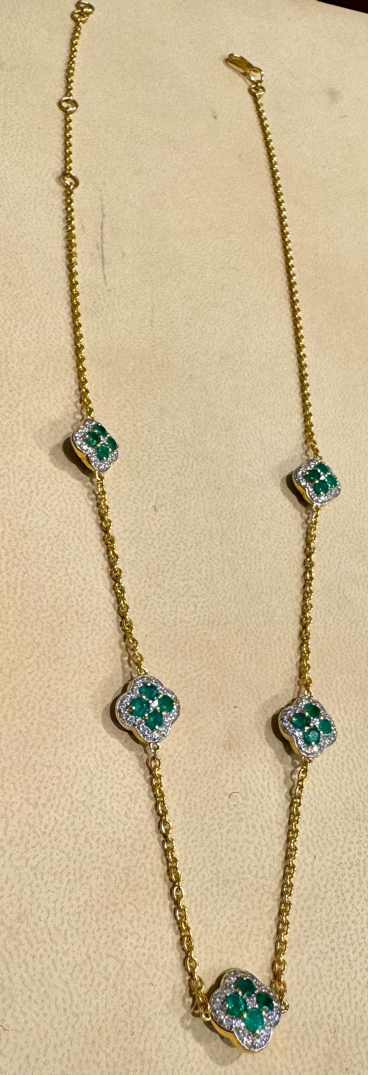 5 Clover Natural Emerald Cluster & Diamond Station Chain Necklace, 14 KYG, 17 Gm For Sale 11