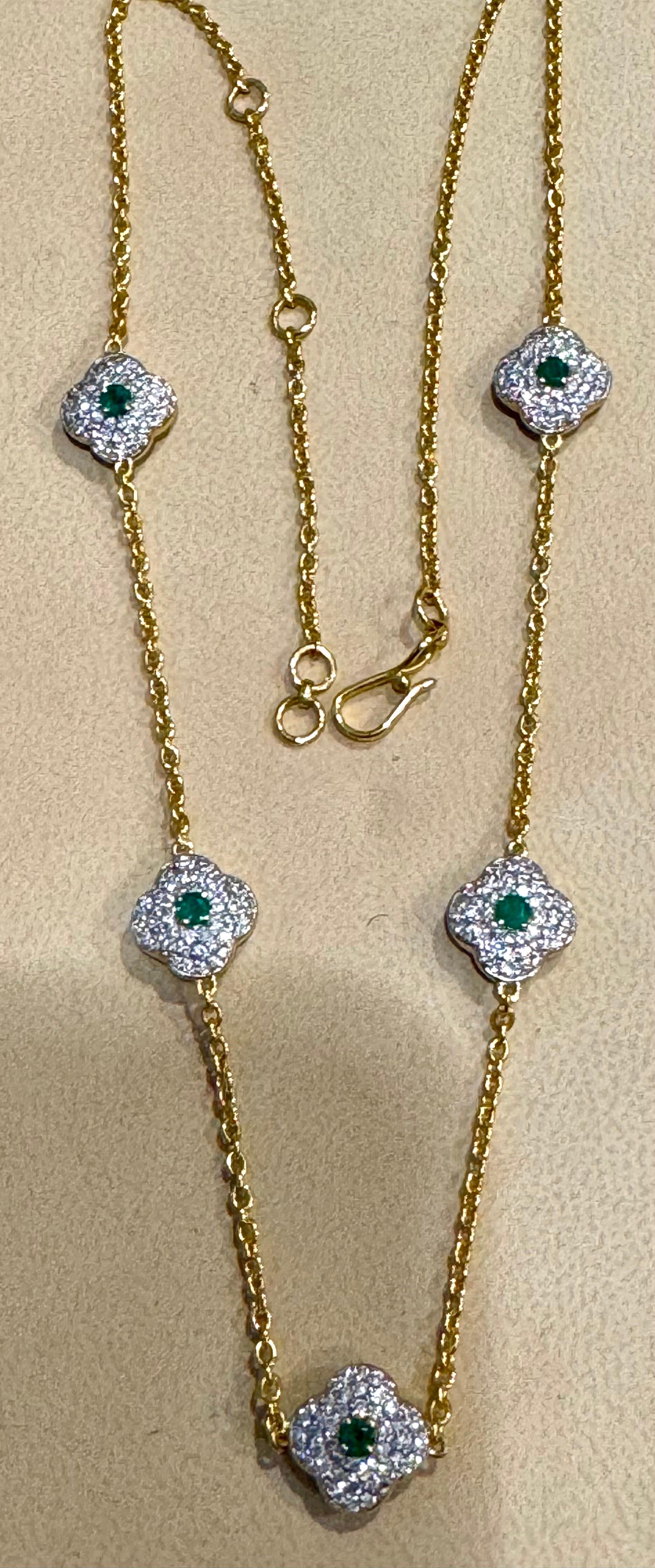 5 Clover Natural Emerald Cluster & Diamond Station Chain Necklace, 14 KYG, 17 Gm For Sale 12
