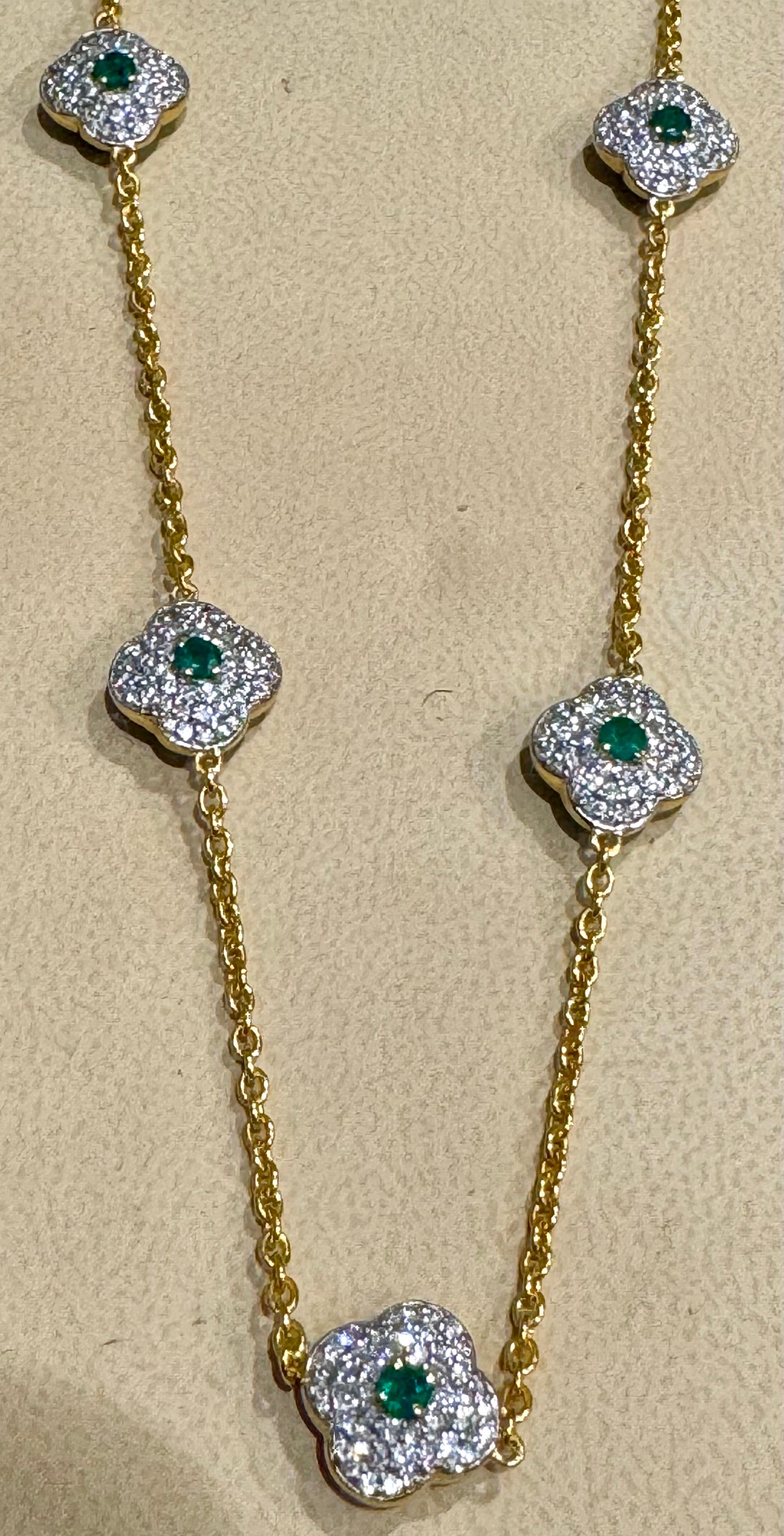 5 Clover Natural Emerald Cluster & Diamond Station Chain Necklace, 14 KYG, 17 Gm For Sale 13