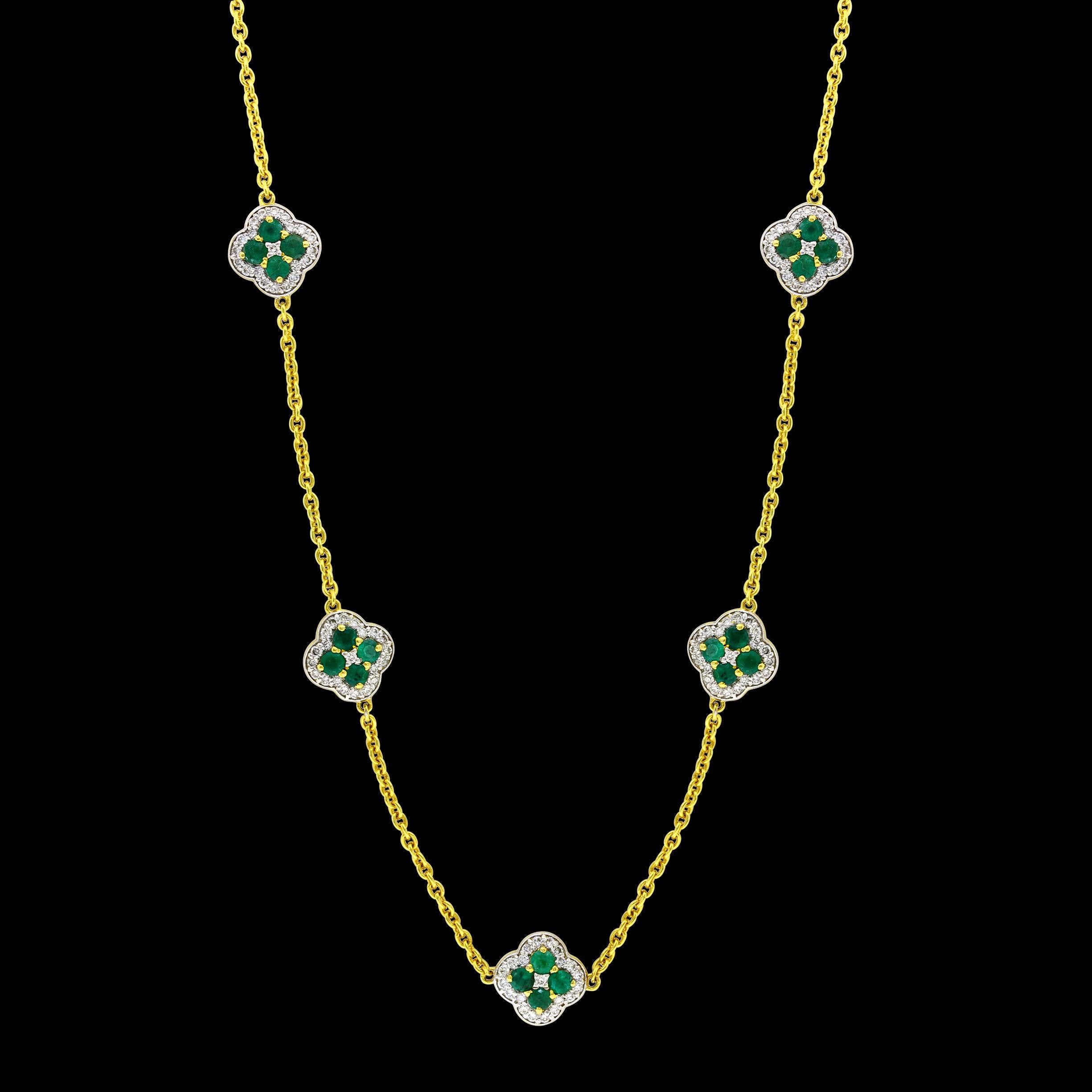 5 Clover Natural Emerald Cluster & Diamond Station Chain Necklace, 14 KYG, 17 Gm For Sale 14