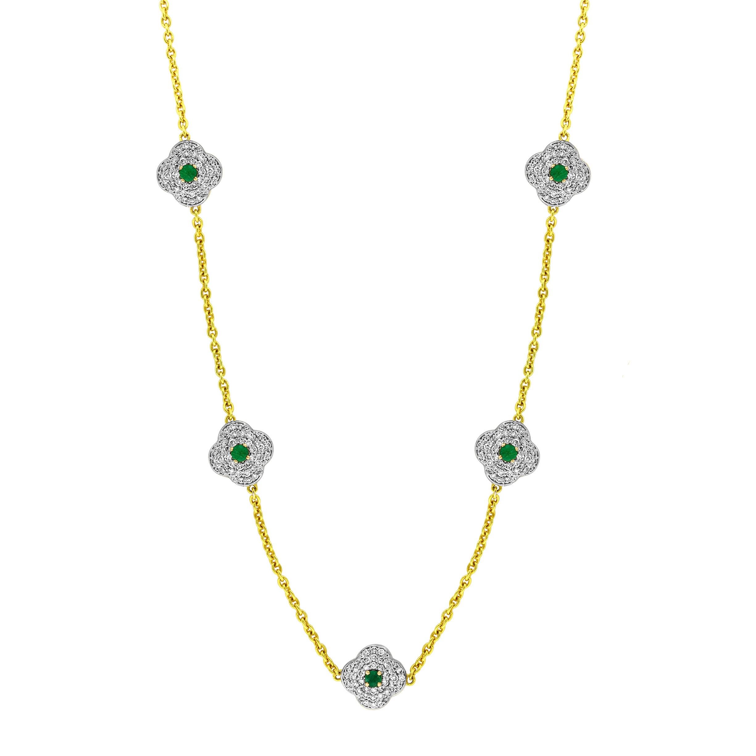Clover Emerald & Diamond Station Necklace • Five Charm Emerald Gold Necklace • Dainty Clover Leaf Station Necklace • Vintage Station Necklace for Women

14 Karat Yellow gold 17 gm 
Both side of the clover has diamonds on it, one side with one round