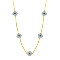 5 Clover Natural Emerald Cluster & Diamond Station Chain Necklace, 14 KYG, 17 Gm