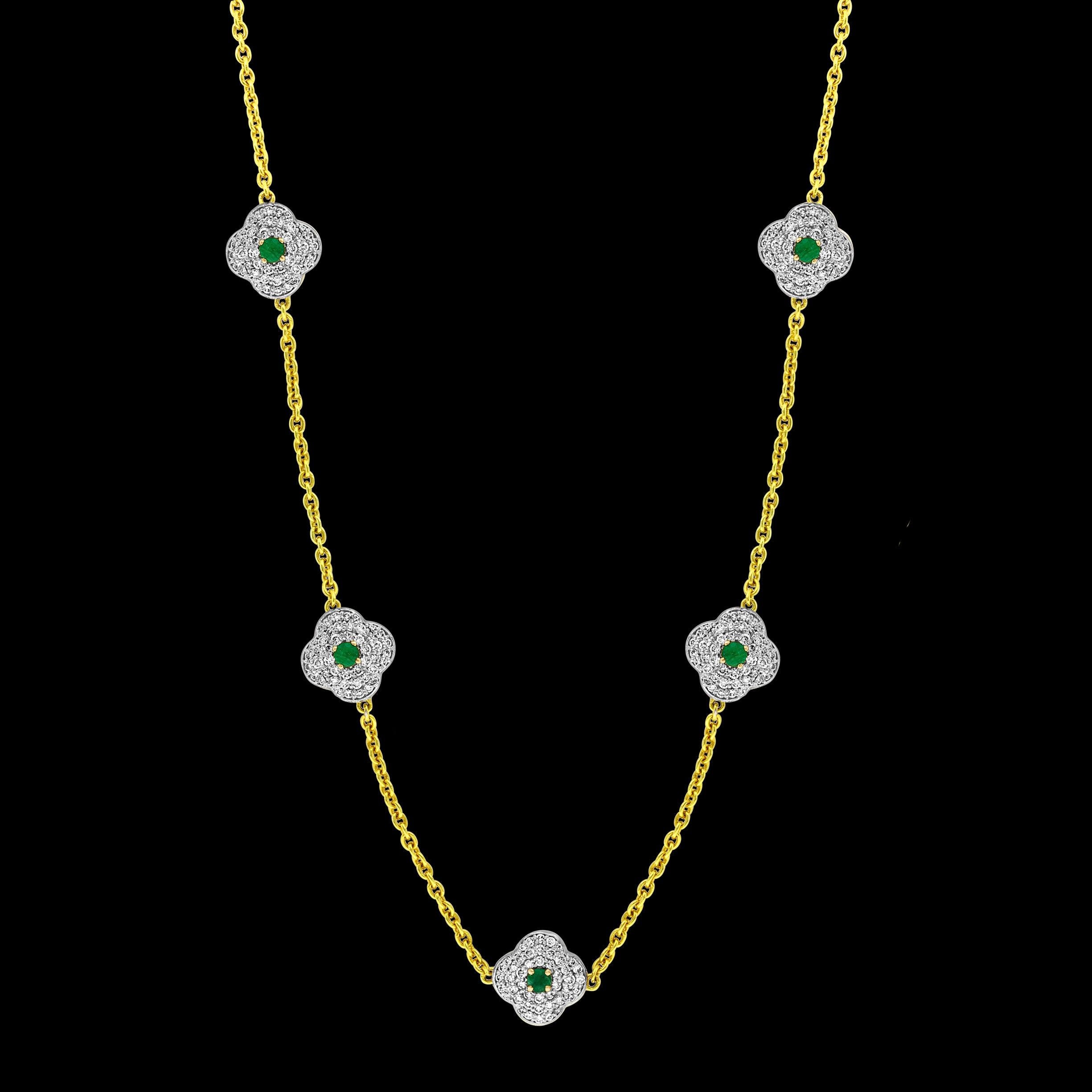 5 Clover Natural Emerald Cluster & Diamond Station Chain Necklace, 14 KYG, 17 Gm For Sale 15