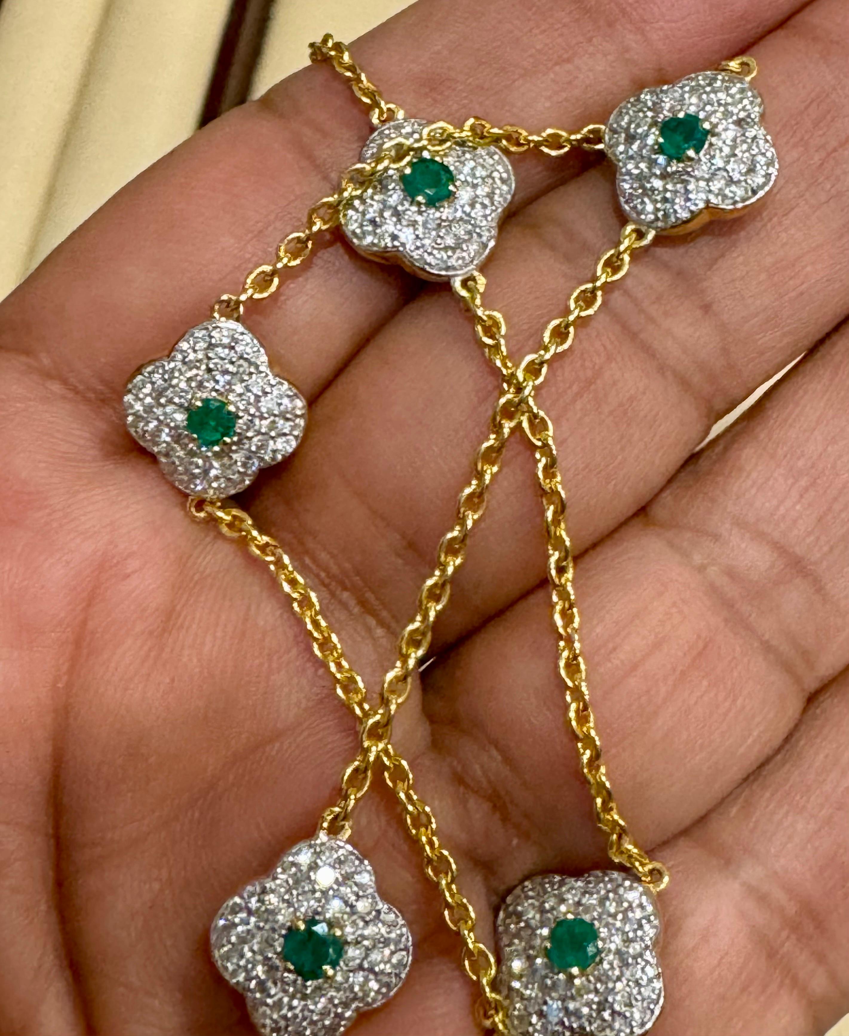 5 Clover Natural Emerald Cluster & Diamond Station Chain Necklace, 14 KYG, 17 Gm For Sale 1