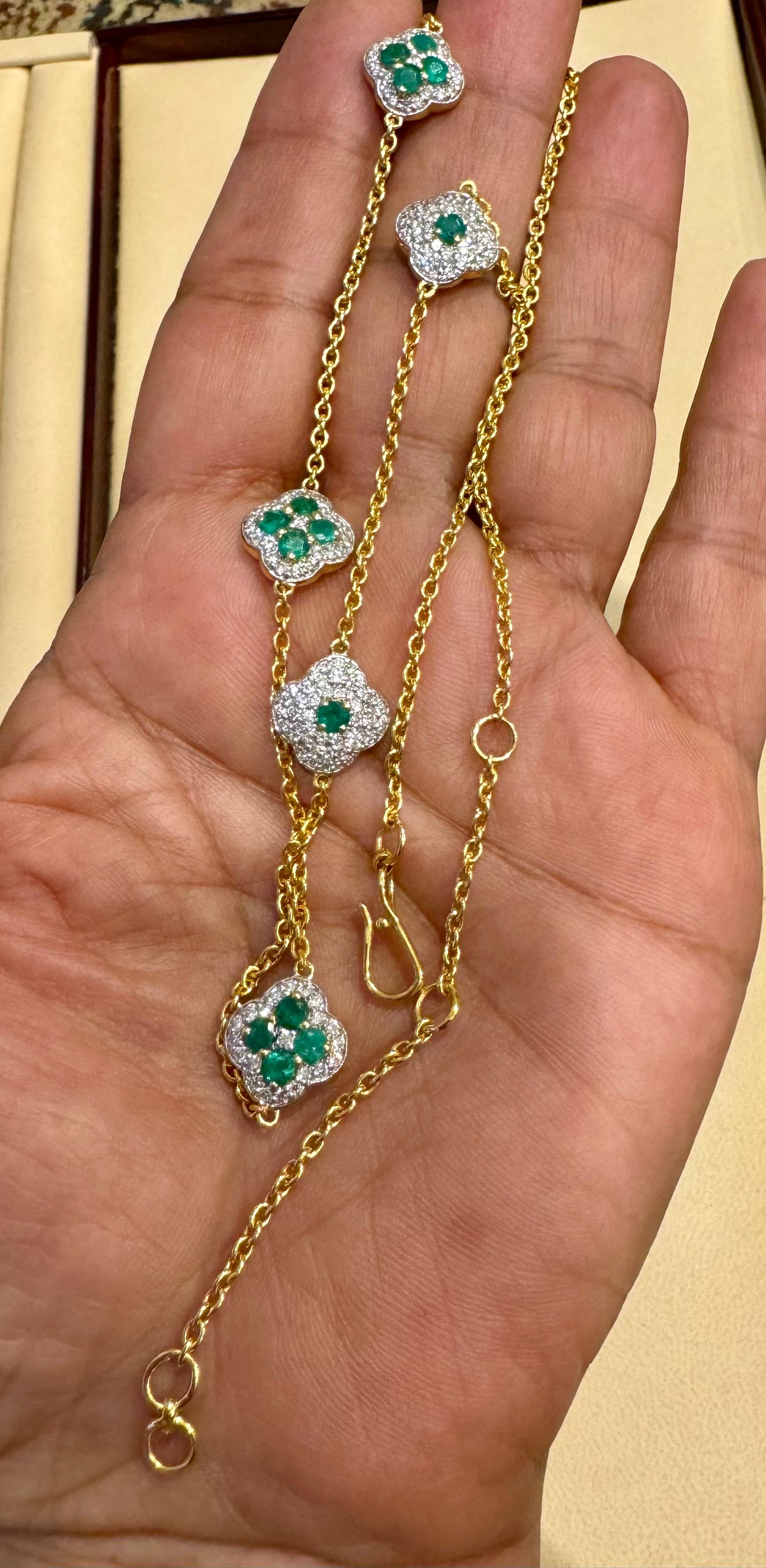 5 Clover Natural Emerald Cluster & Diamond Station Chain Necklace, 14 KYG, 17 Gm For Sale 3