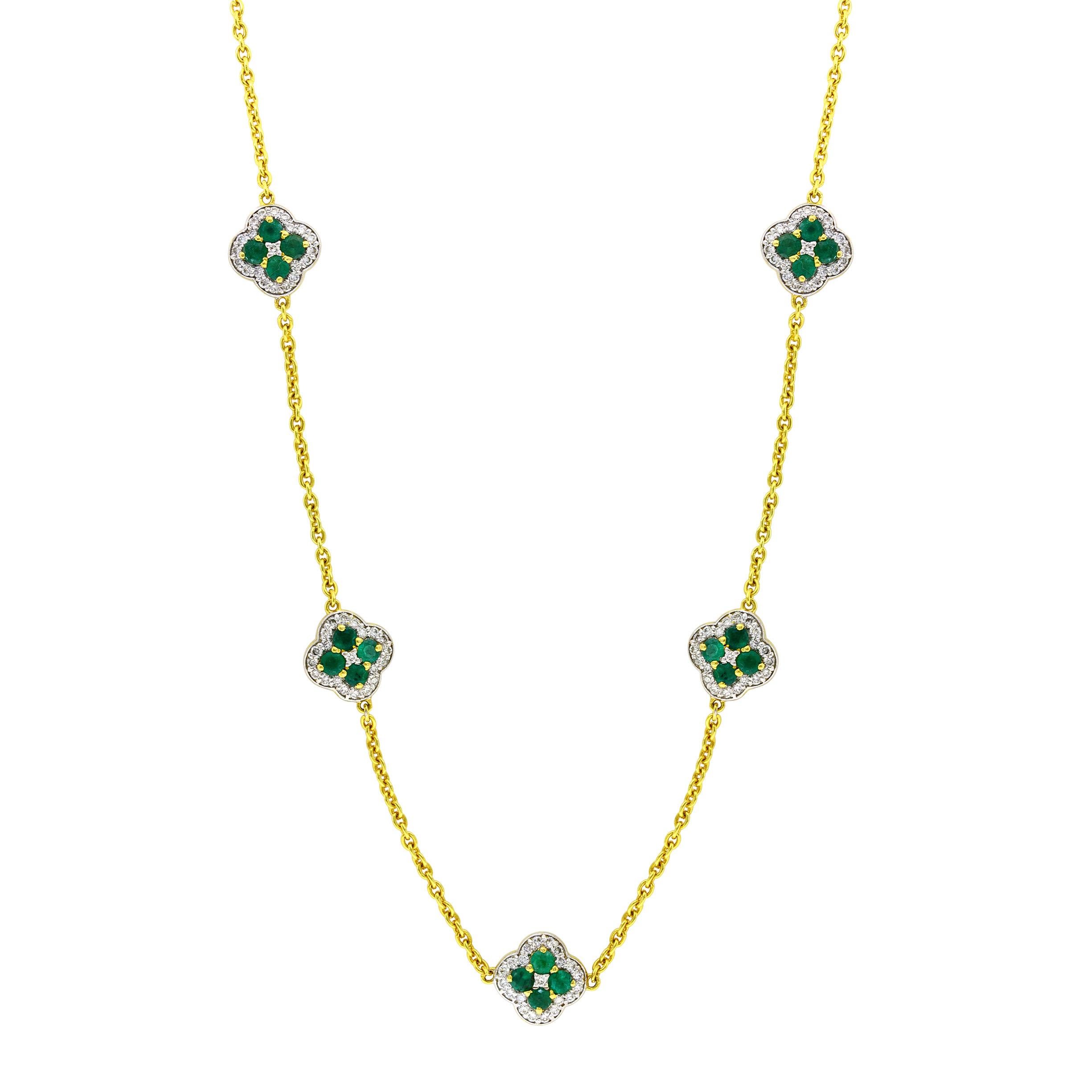 5 Clover Natural Emerald Cluster & Diamond Station Chain Necklace, 14 KYG, 17 Gm For Sale