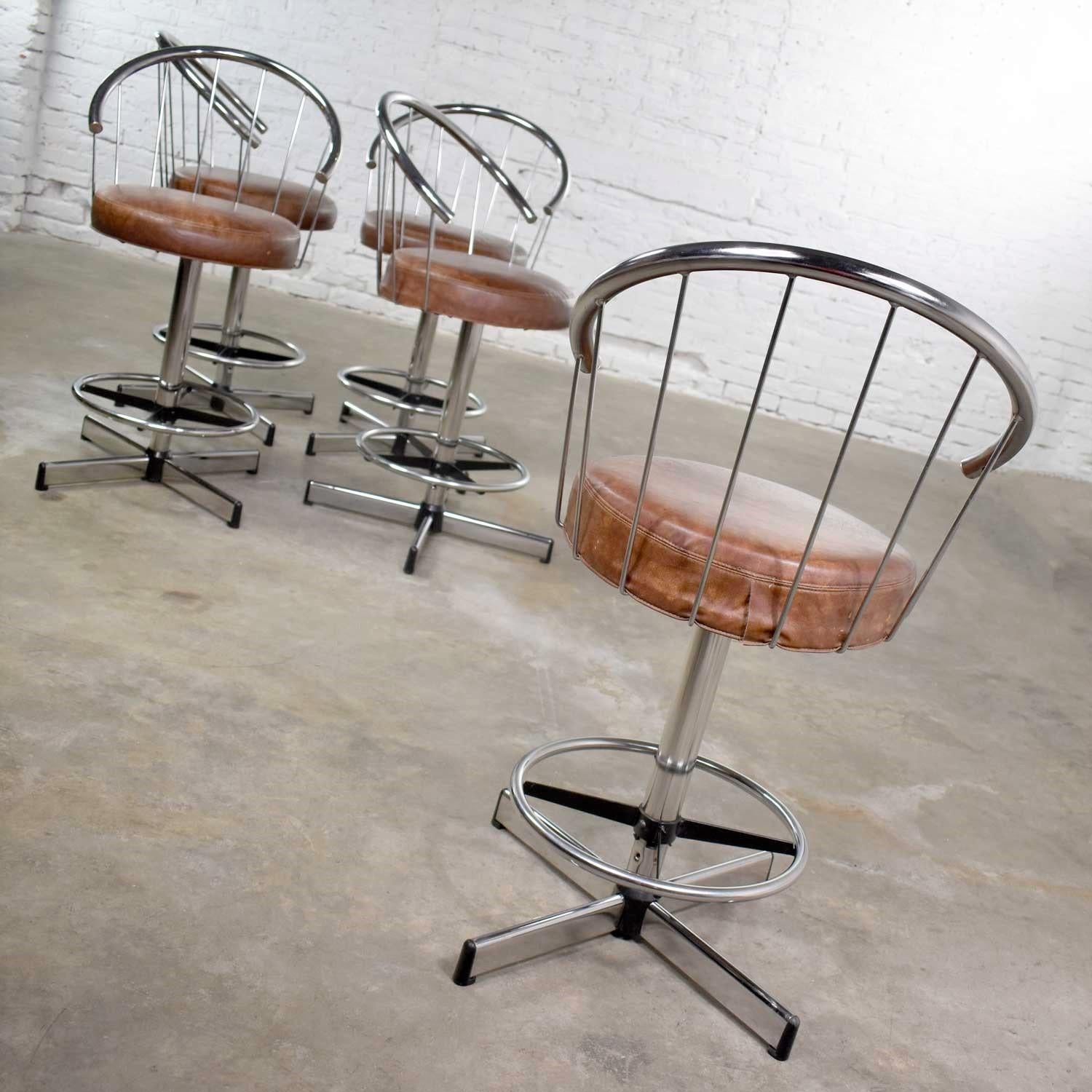 5 Cosco Modern Chrome Bar or Counter Stools with Brown Vinyl Faux Leather 2