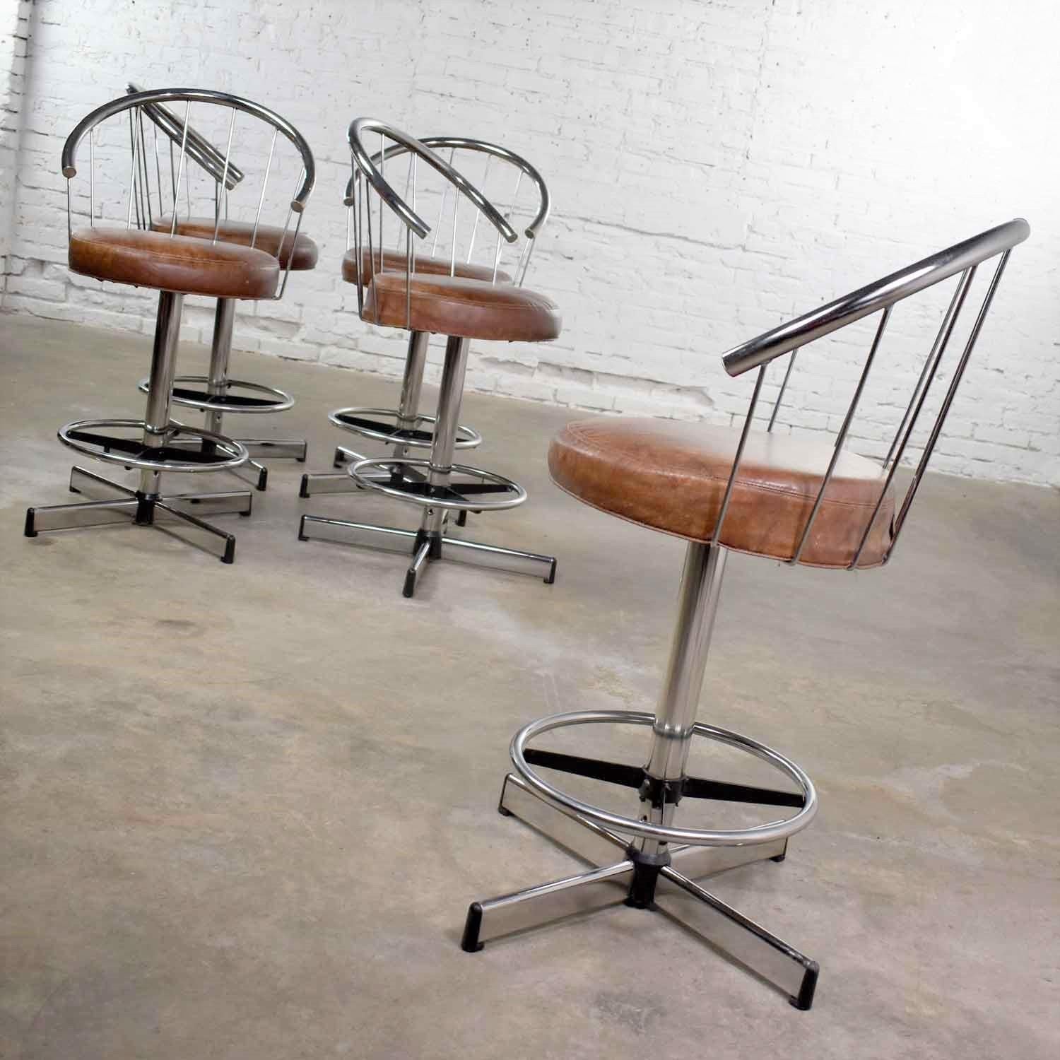 5 Cosco Modern Chrome Bar or Counter Stools with Brown Vinyl Faux Leather 3
