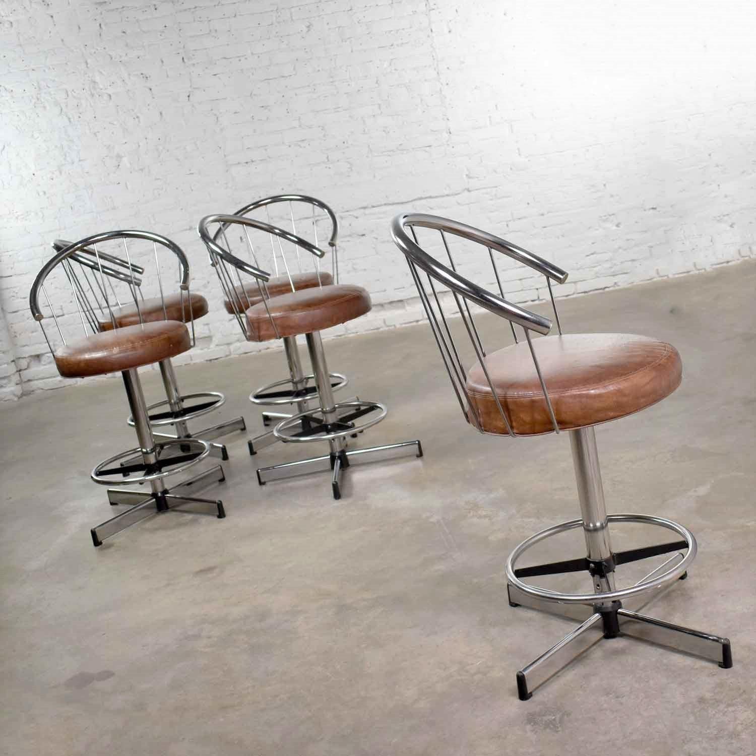 5 Cosco Modern Chrome Bar or Counter Stools with Brown Vinyl Faux Leather 4
