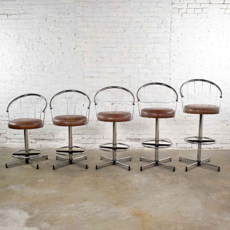 5 Cosco Modern Chrome Bar or Counter Stools with Brown Vinyl Faux