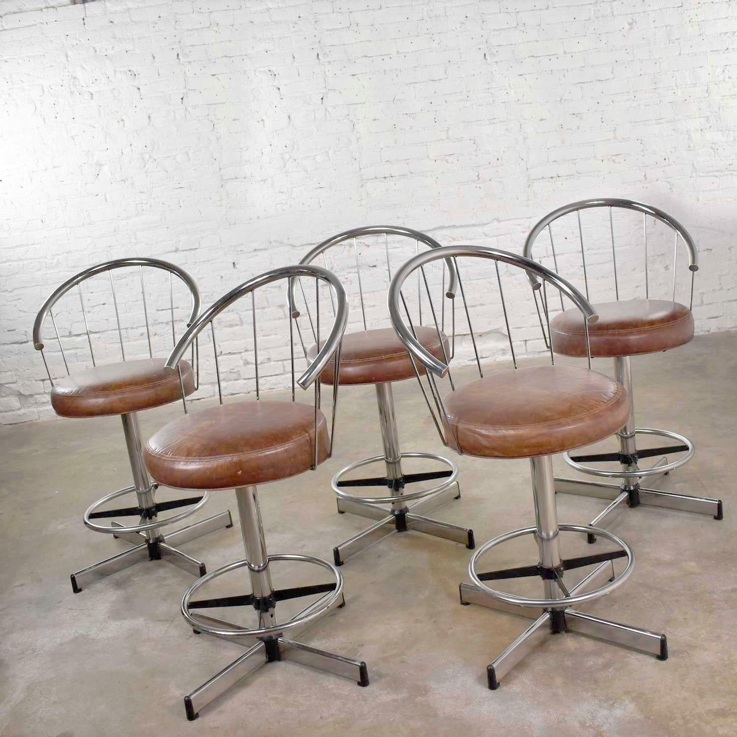 American 5 Cosco Modern Chrome Bar or Counter Stools with Brown Vinyl Faux Leather