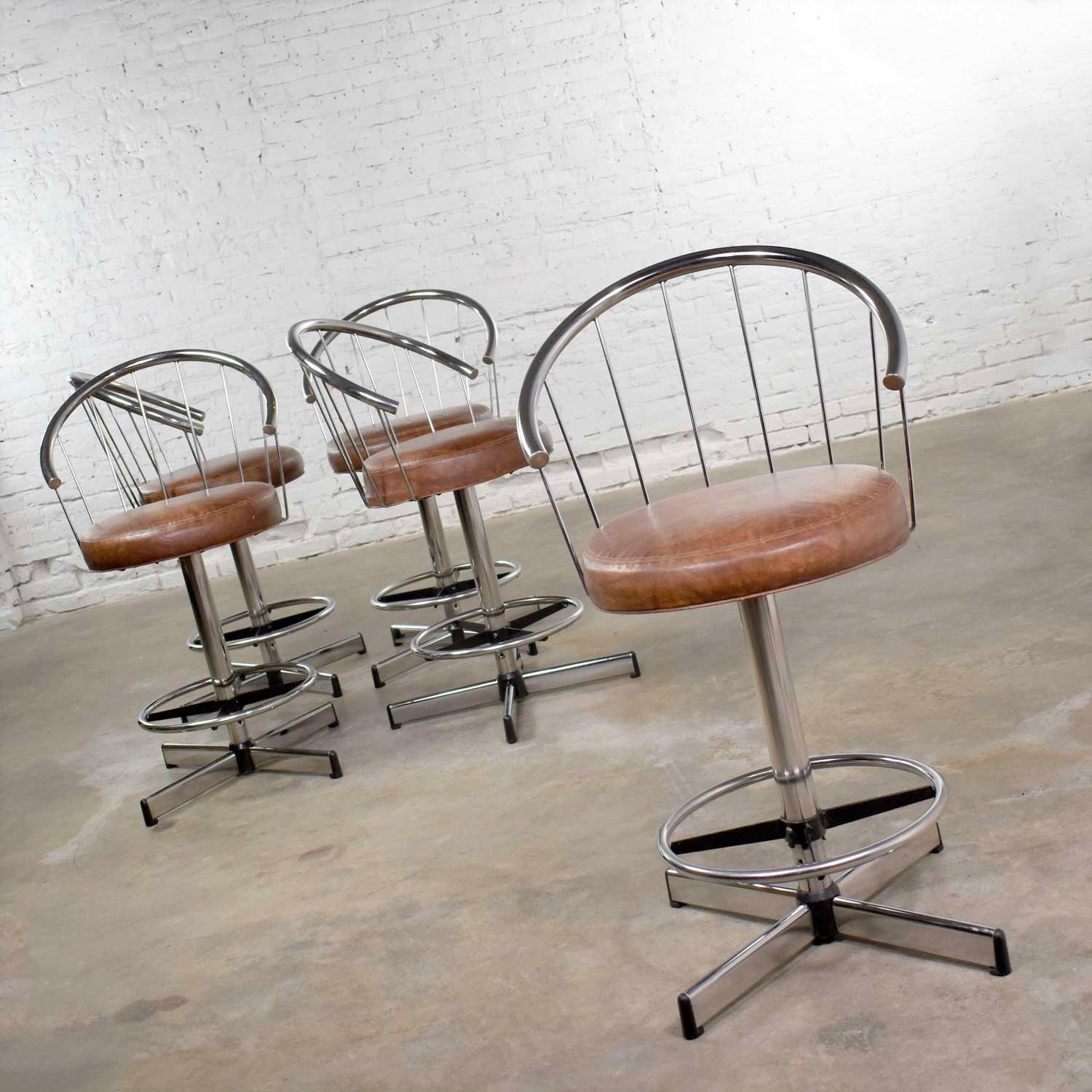 20th Century 5 Cosco Modern Chrome Bar or Counter Stools with Brown Vinyl Faux Leather