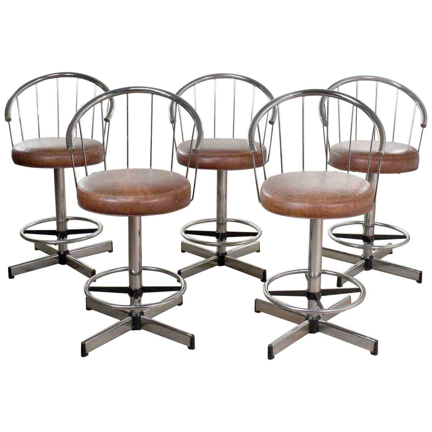 5 Cosco Modern Chrome Bar or Counter Stools with Brown Vinyl Faux Leather
