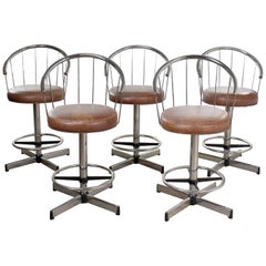 Vintage 5 Cosco Modern Chrome Bar or Counter Stools with Brown Vinyl Faux Leather