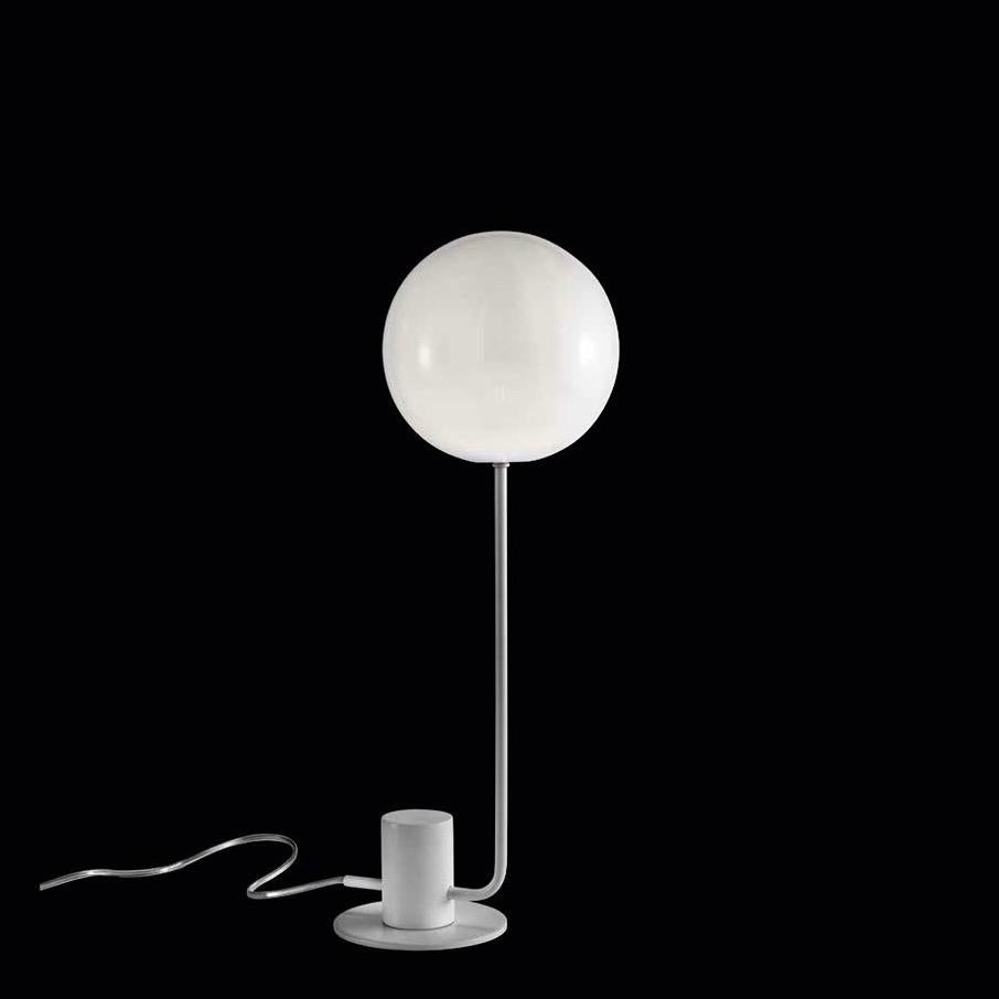 Italian minimalist modern lamp, a clean organic line inspired by the shape of a flying balloon, consisting of a frosted glass globe suspended on a white lacquered rod supported by a sleek cylindrical base. Options for lacquer colors, finishes and