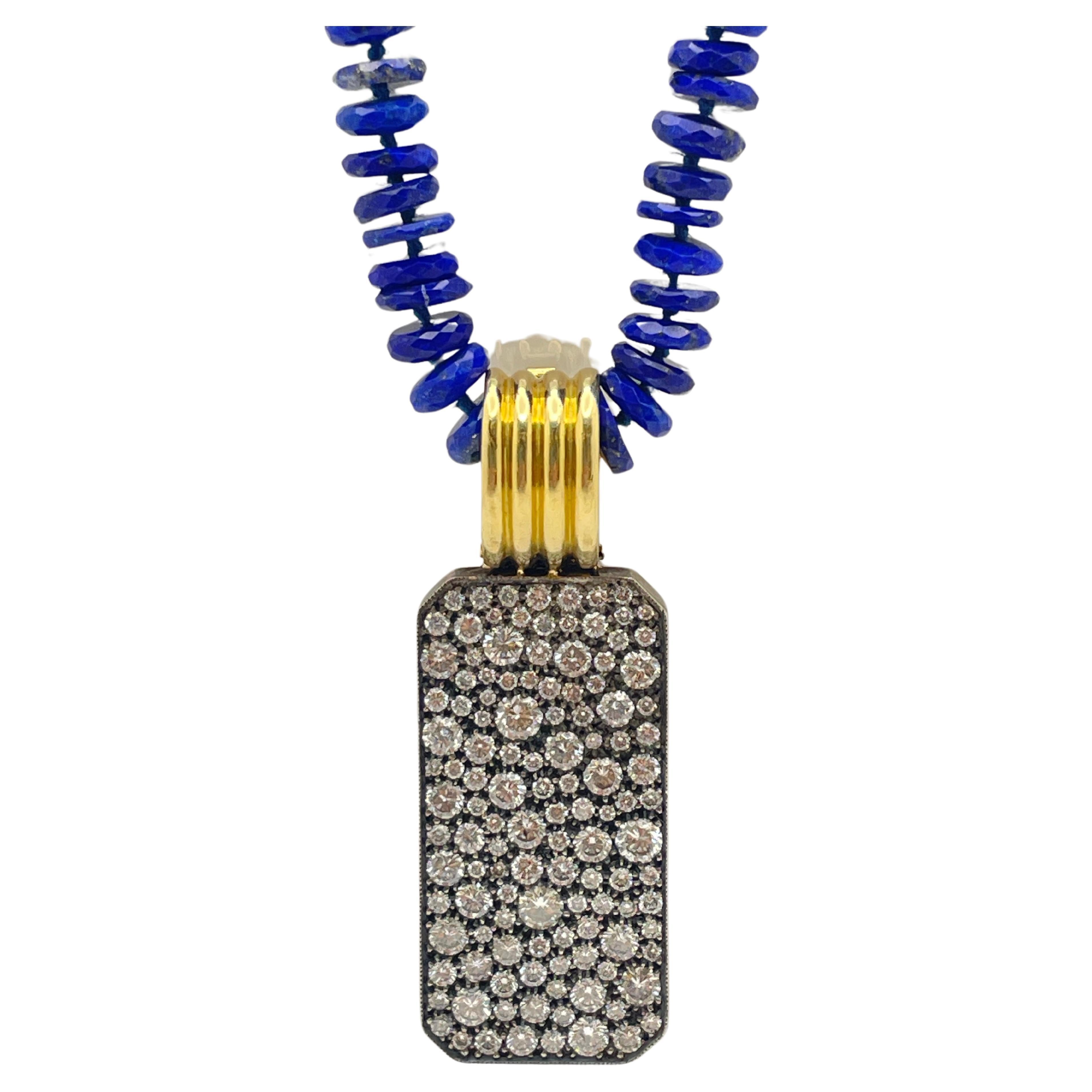 5 CT Diamond 18K Yellow Gold Lapis Lazuli Pendant Necklace For Sale