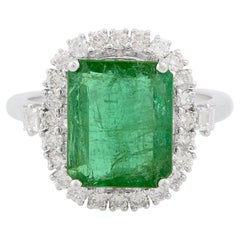 5 Ct Emerald & 3.50 Ct Diamond Engagement Ring 10k White Gold May Birthstone