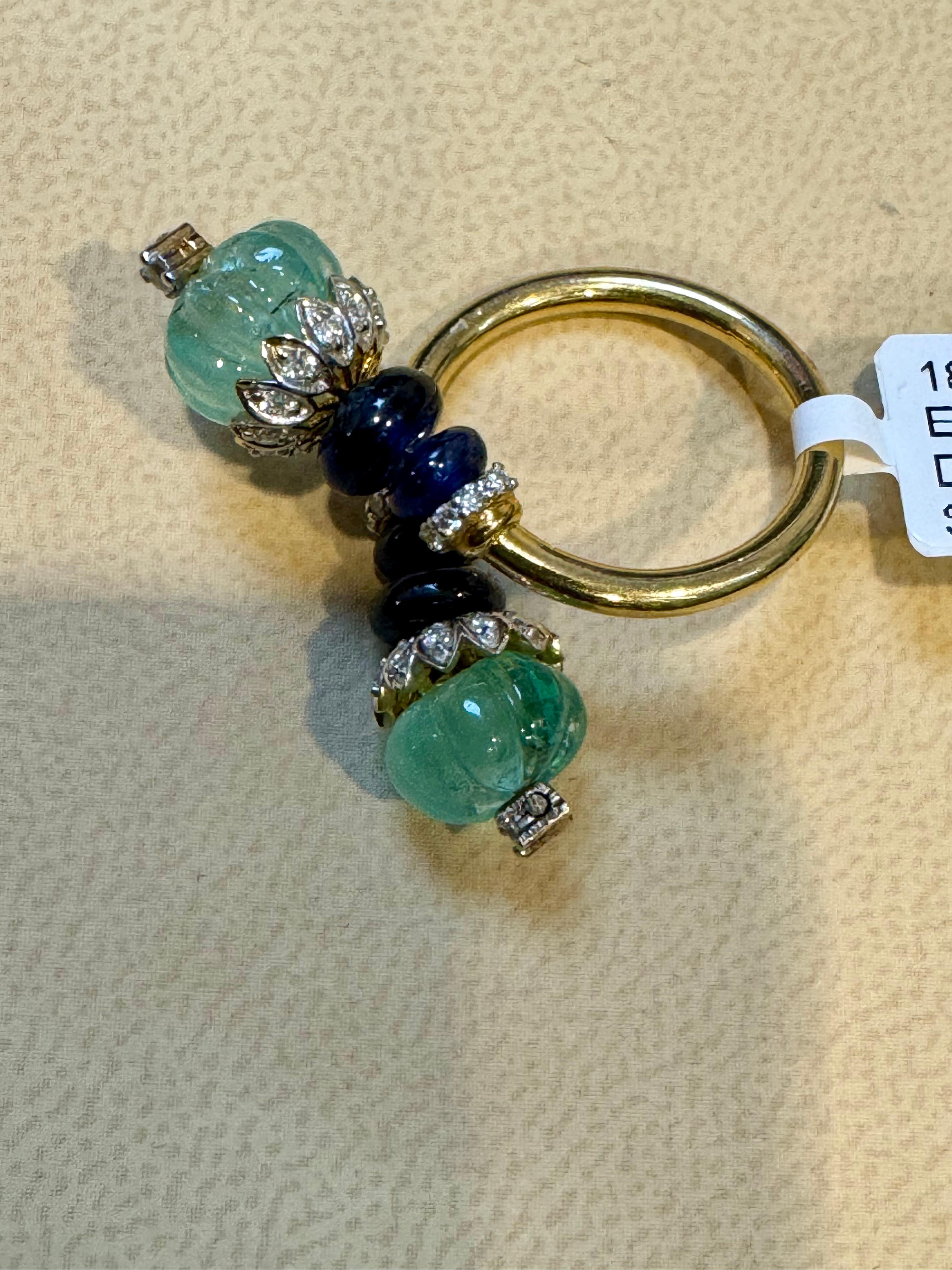 5 Ct Emerald Bead & 2.5 Ct Sapphire Beads & Diamond Ring in 18 Kt Gold Size 5 1