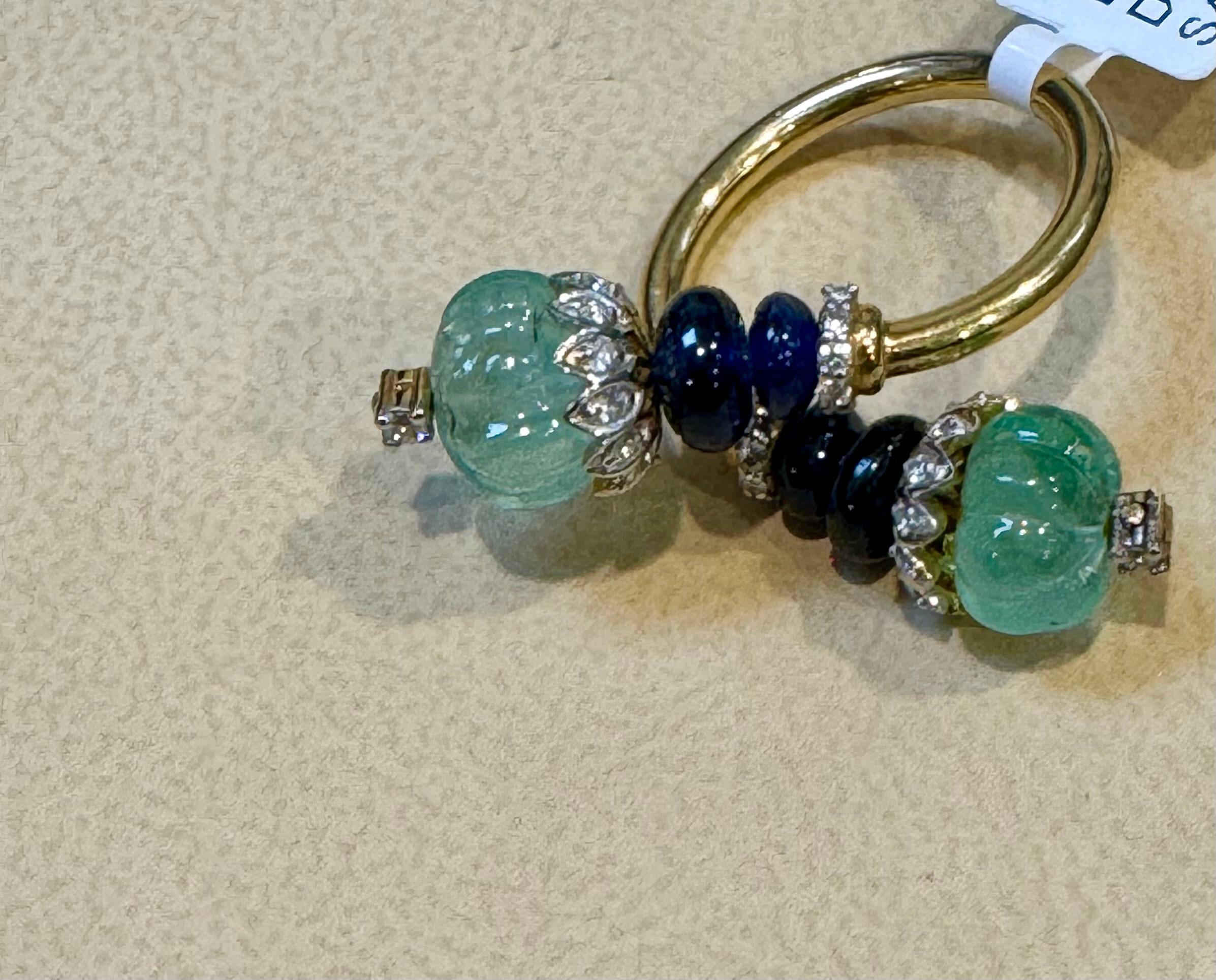 5 Ct Emerald Bead & 2.5 Ct Sapphire Beads & Diamond Ring in 18 Kt Gold Size 5 2