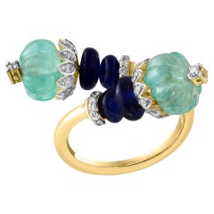 5 Ct Emerald Bead & 2.5 Ct Sapphire Beads & Diamond Ring in 18 Kt Gold Size 5