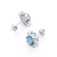 5 Cts Natural Blue Topaz and Diamond 18K White Gold Stud Earrings