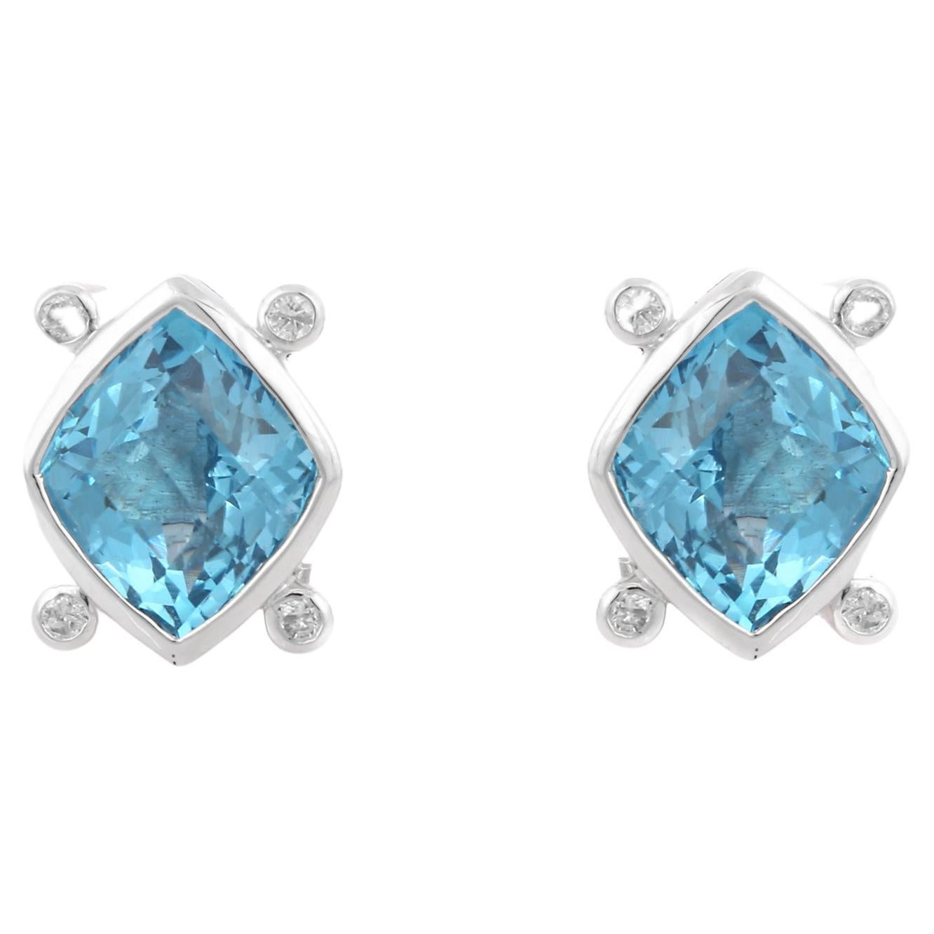 5Ct Natural Blue Topaz and Diamond 18K White Gold Stud Earrings