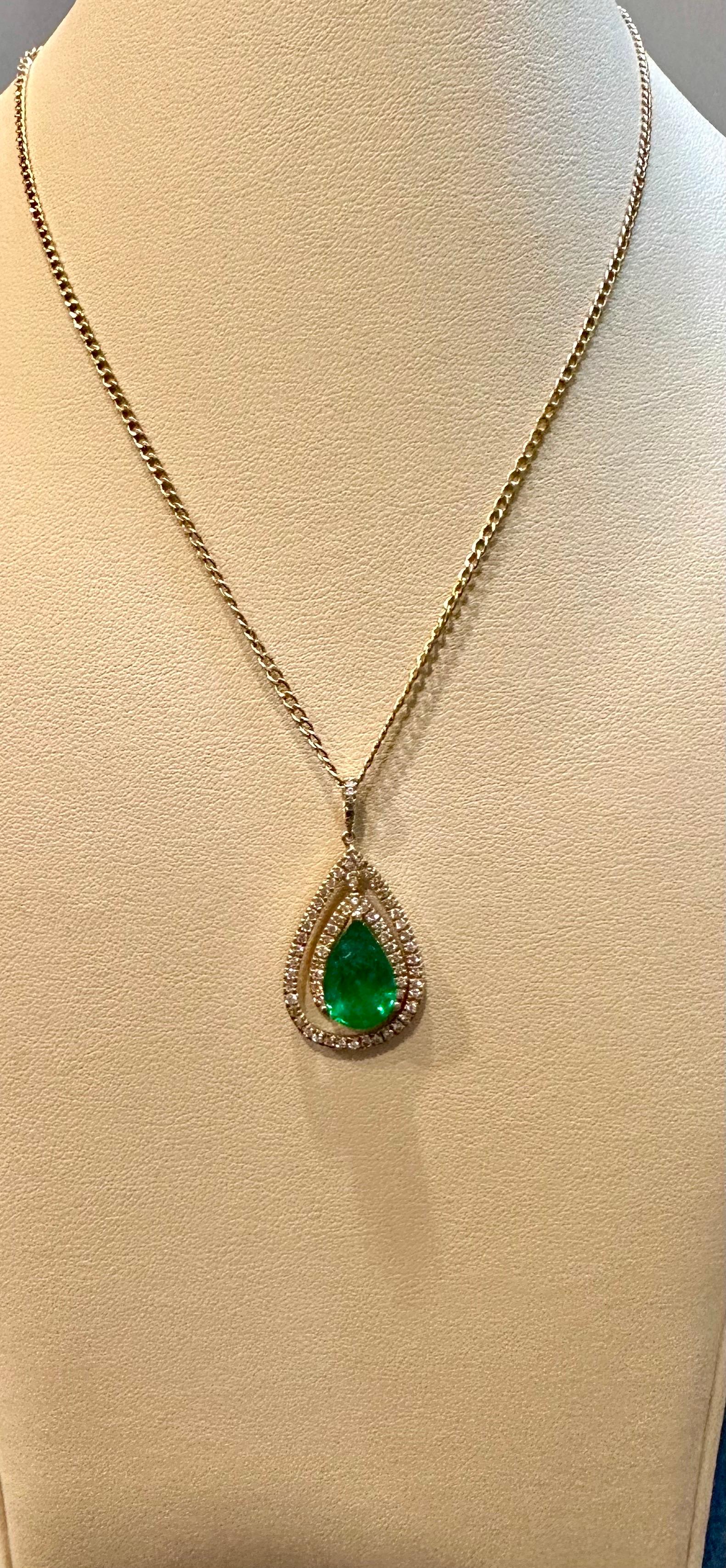 5 Ct Natural Emerald Zambia & 1.2 Ct Diamonds Pendant 14 Karat Yellow Gold Chain 5