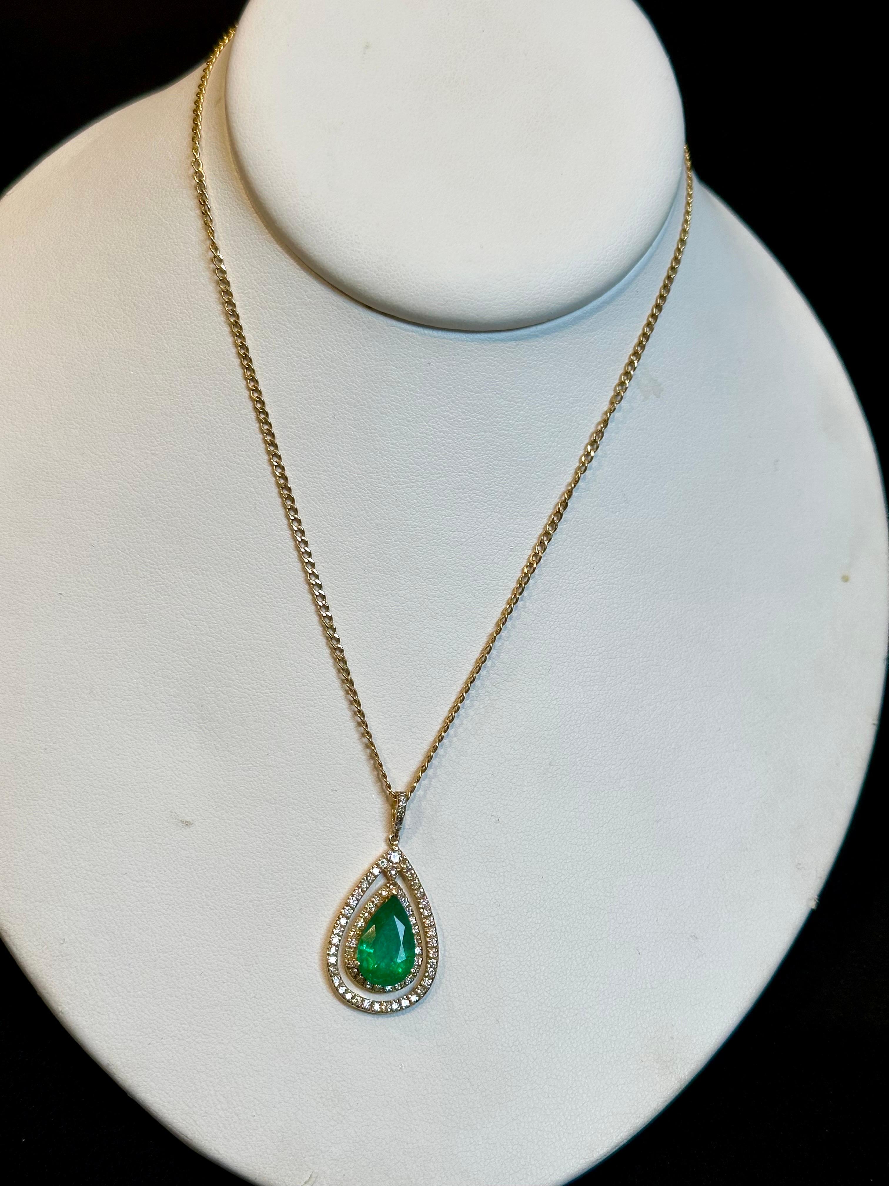 5 Ct Natural Emerald Zambia & 1.2 Ct Diamonds Pendant 14 Karat Yellow Gold Chain 1