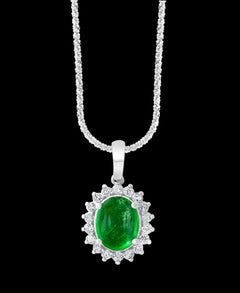 5 Ct Natural Emerald Zambia Cabochon & Diamond Pendant 14 Karat White Gold Chain