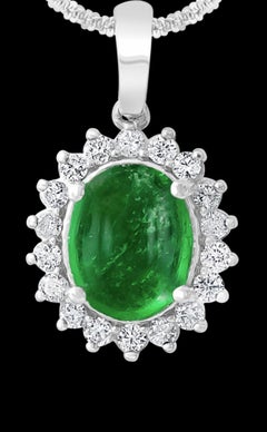 5 Ct Natural Emerald Zambia Cabochon & Diamond Pendant 14 Karat White Gold
