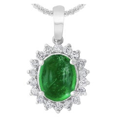5 Ct Natural Emerald Zambia Cabochon & Diamond Pendant 14 Karat White Gold