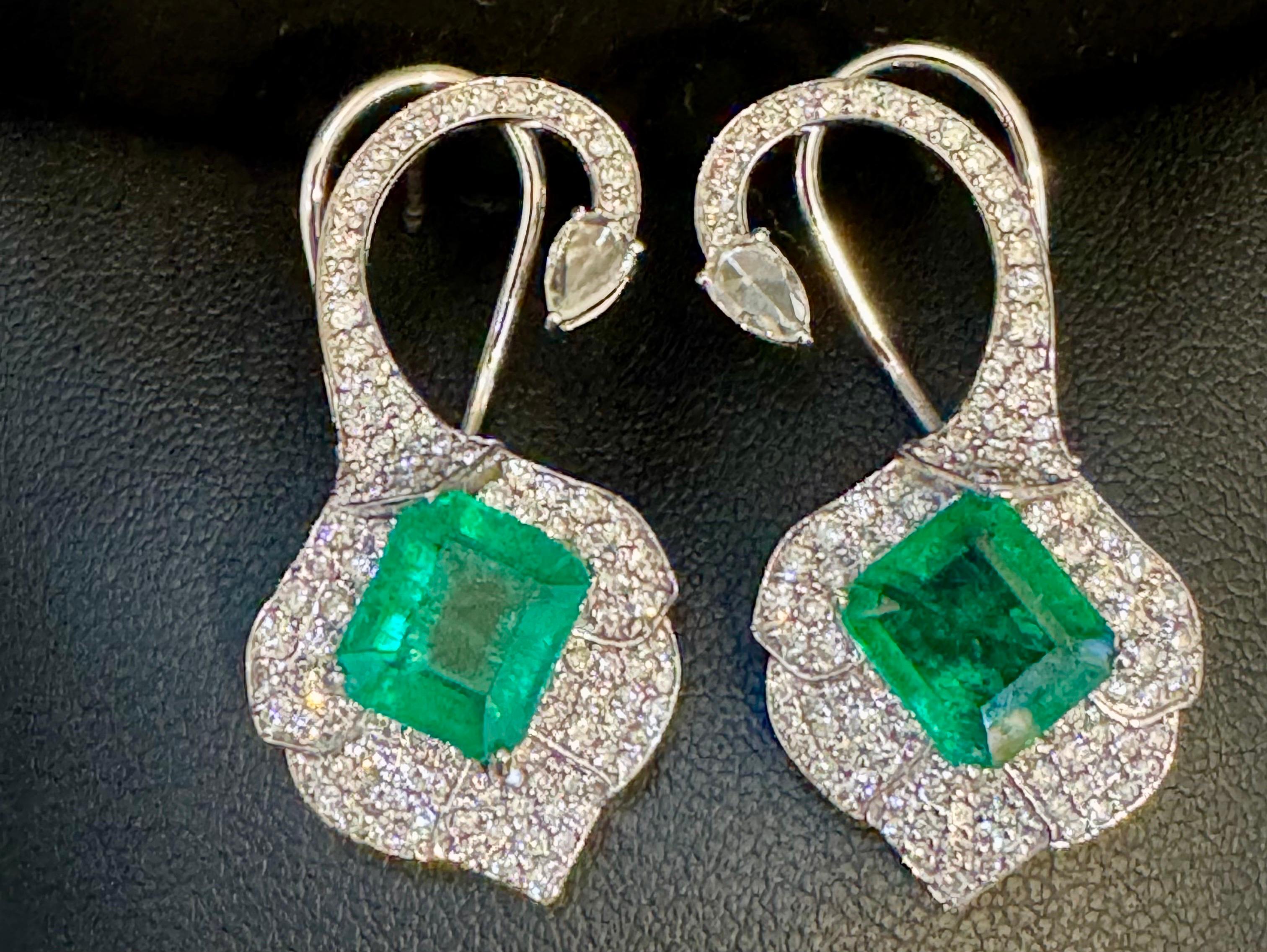 Boucle d'oreille 5 ct émeraude zambienne naturelle et 2 ct diamant, boucle d'oreille diamant taille rose en vente 6