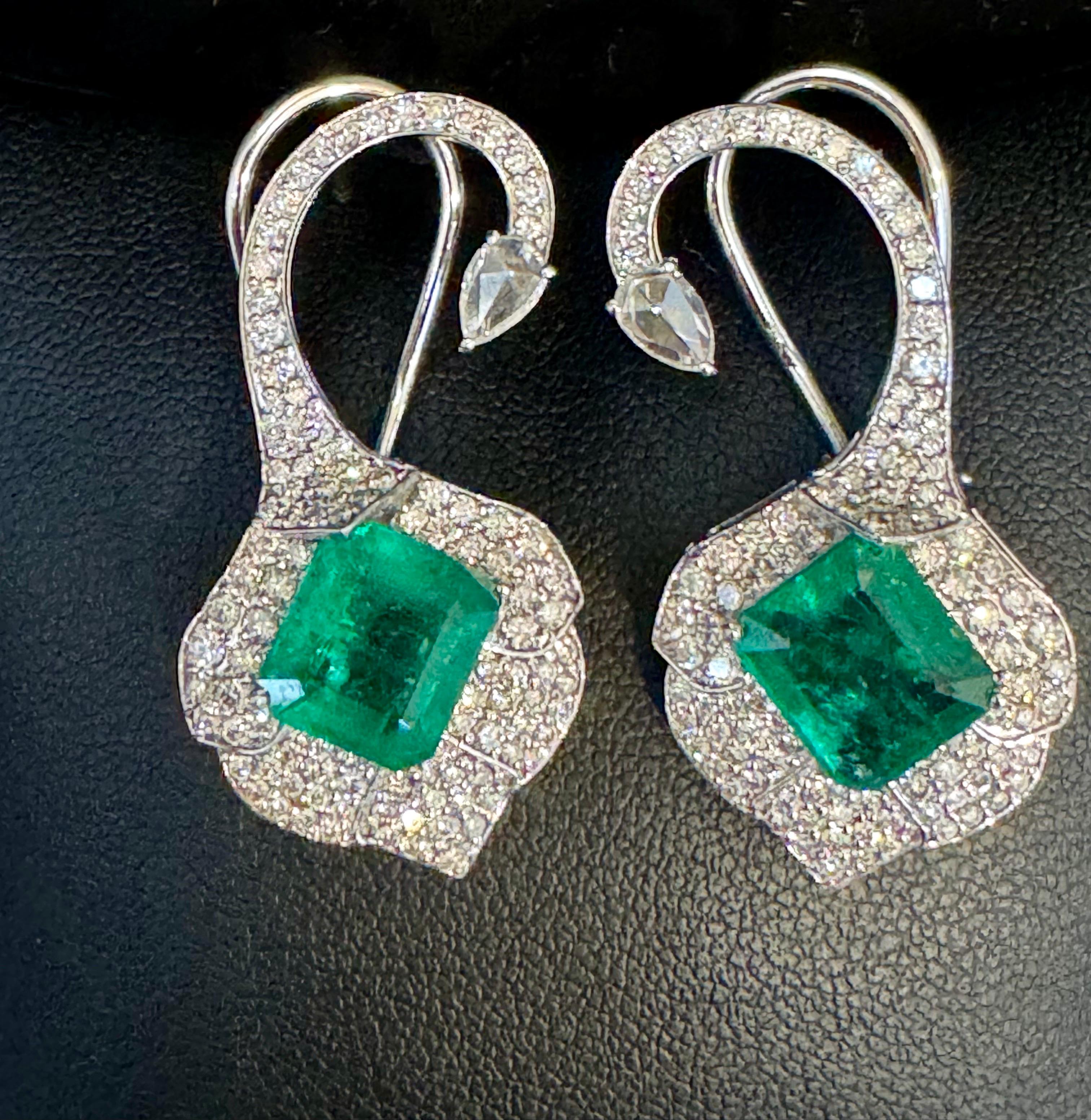 5 Ct Natural Zambian Emerald Earring & 2 Ct Diamond , Rose cut Diamond Earring For Sale 7