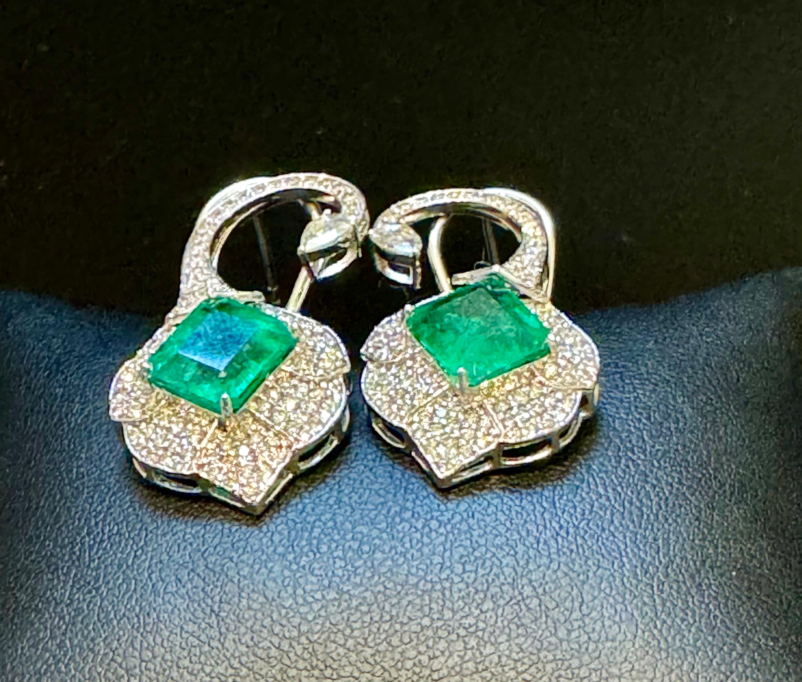 Boucle d'oreille 5 ct émeraude zambienne naturelle et 2 ct diamant, boucle d'oreille diamant taille rose en vente 3