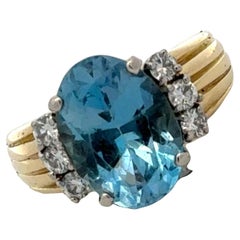 5-CT Oval Aquamarine Diamond 18 Karat Yellow Gold Vintage Cocktail Ring