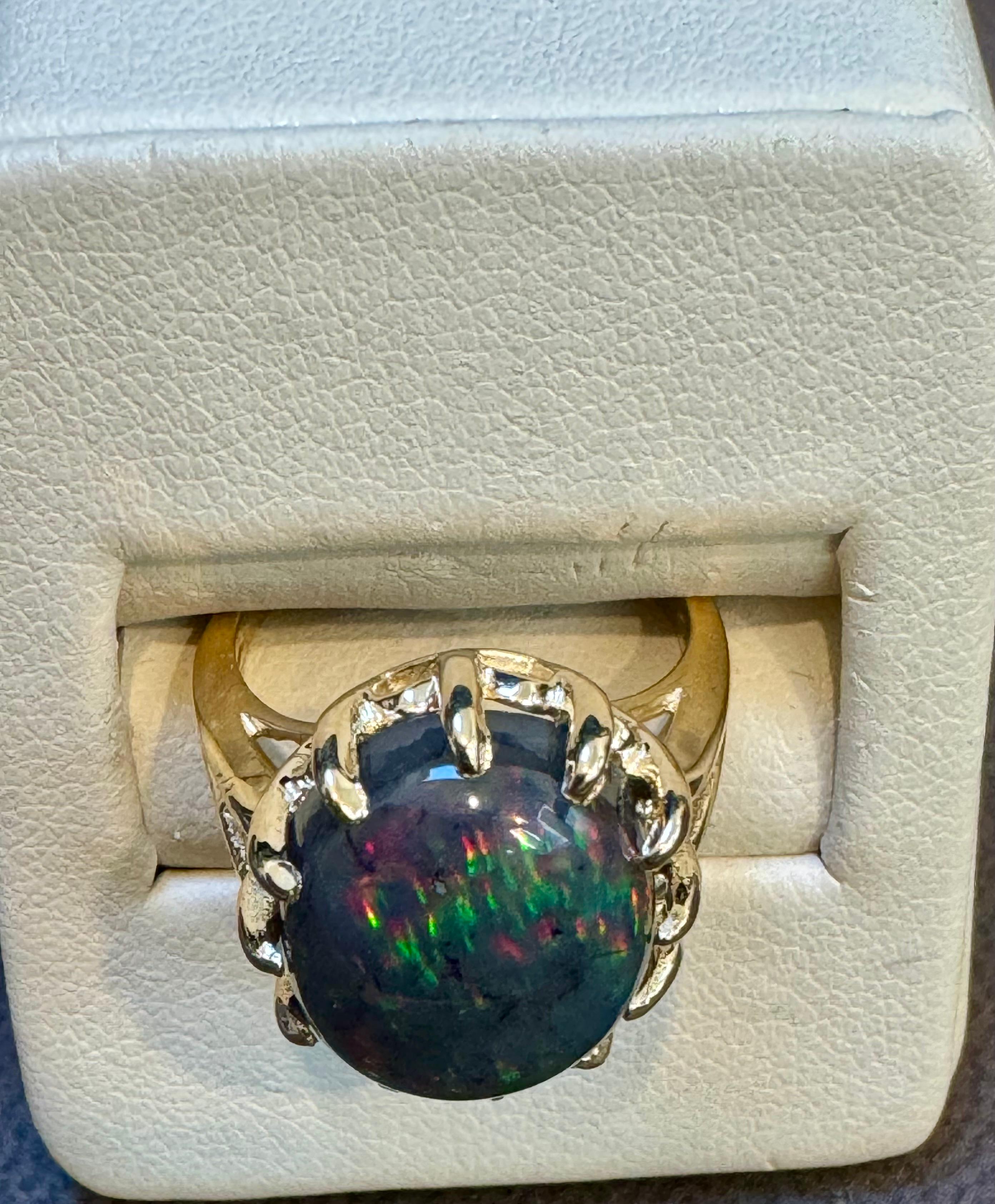 5 Ct Oval Shape Black Australian Opal Cocktail Ring 14 Kt Yellow Gold , Unisex For Sale 6