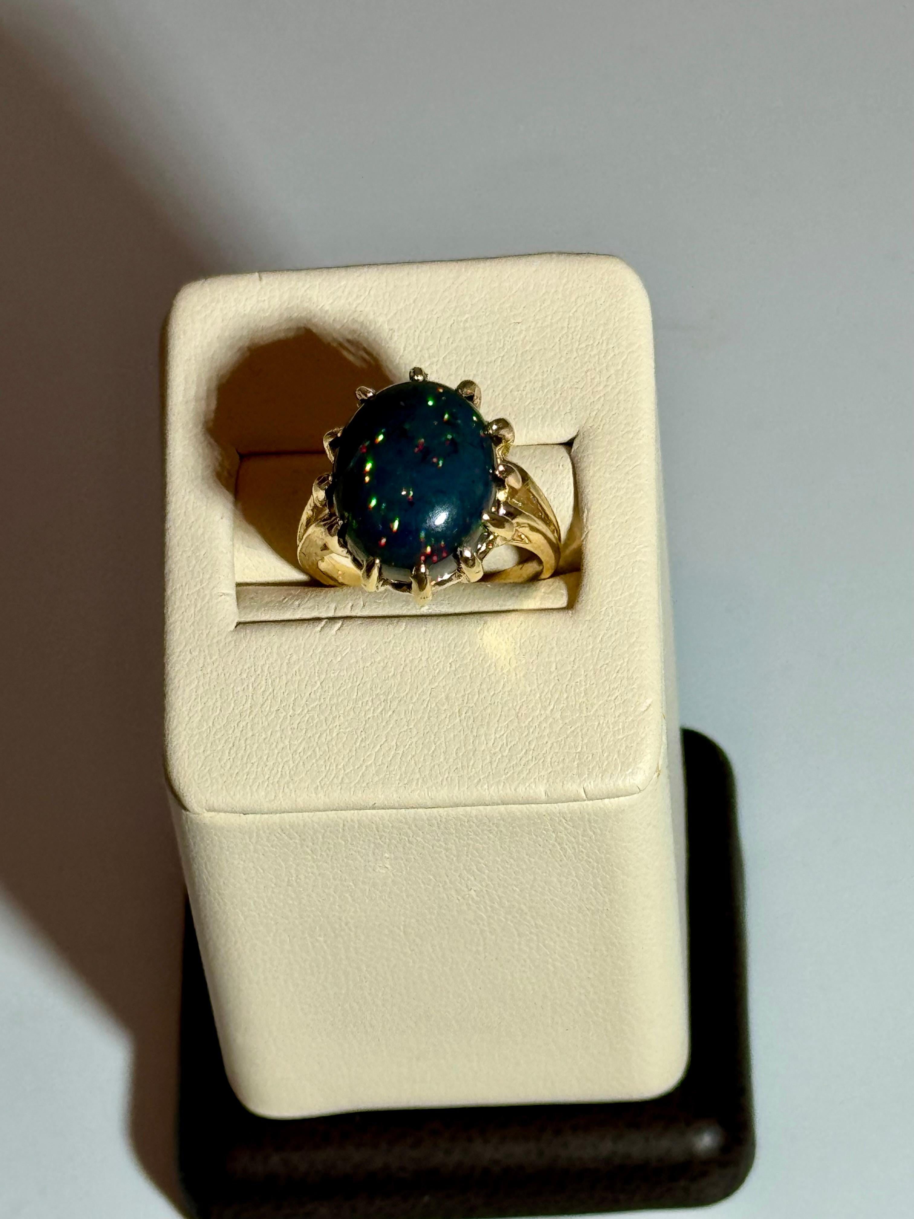 5 Ct Oval Shape Black Australian Opal Cocktail Ring 14 Kt Yellow Gold , Unisex For Sale 1