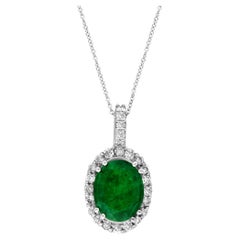 5 Ct Oval Shape Emerald & 1 Ct Diamond Pendant  14 Kt White Gold with Chain